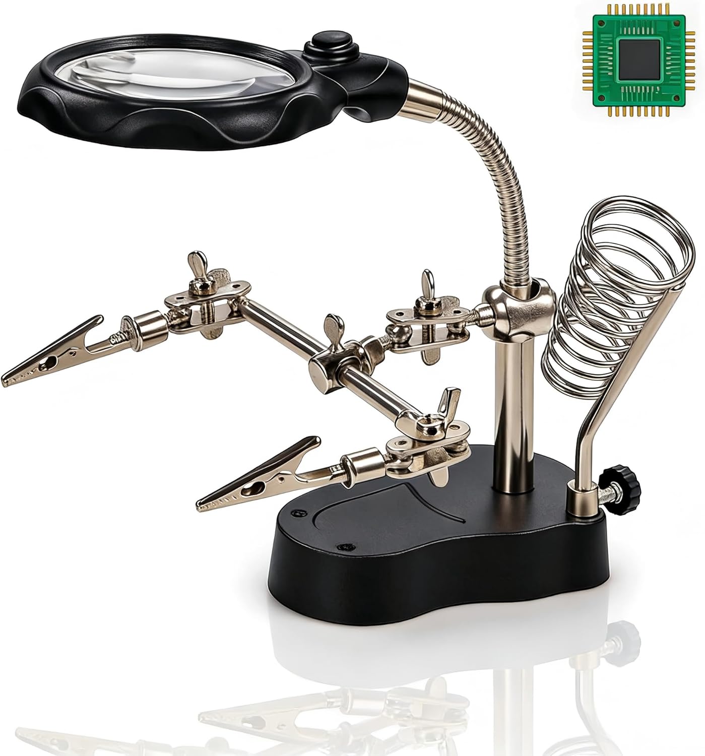 LED Magnifying Glass Soldering Station, 4X Acrylic Lens, 2 LEDs, Adjustable Support Clip, Ideal for Welding and Modelling, Suitable for Repairing Appliances