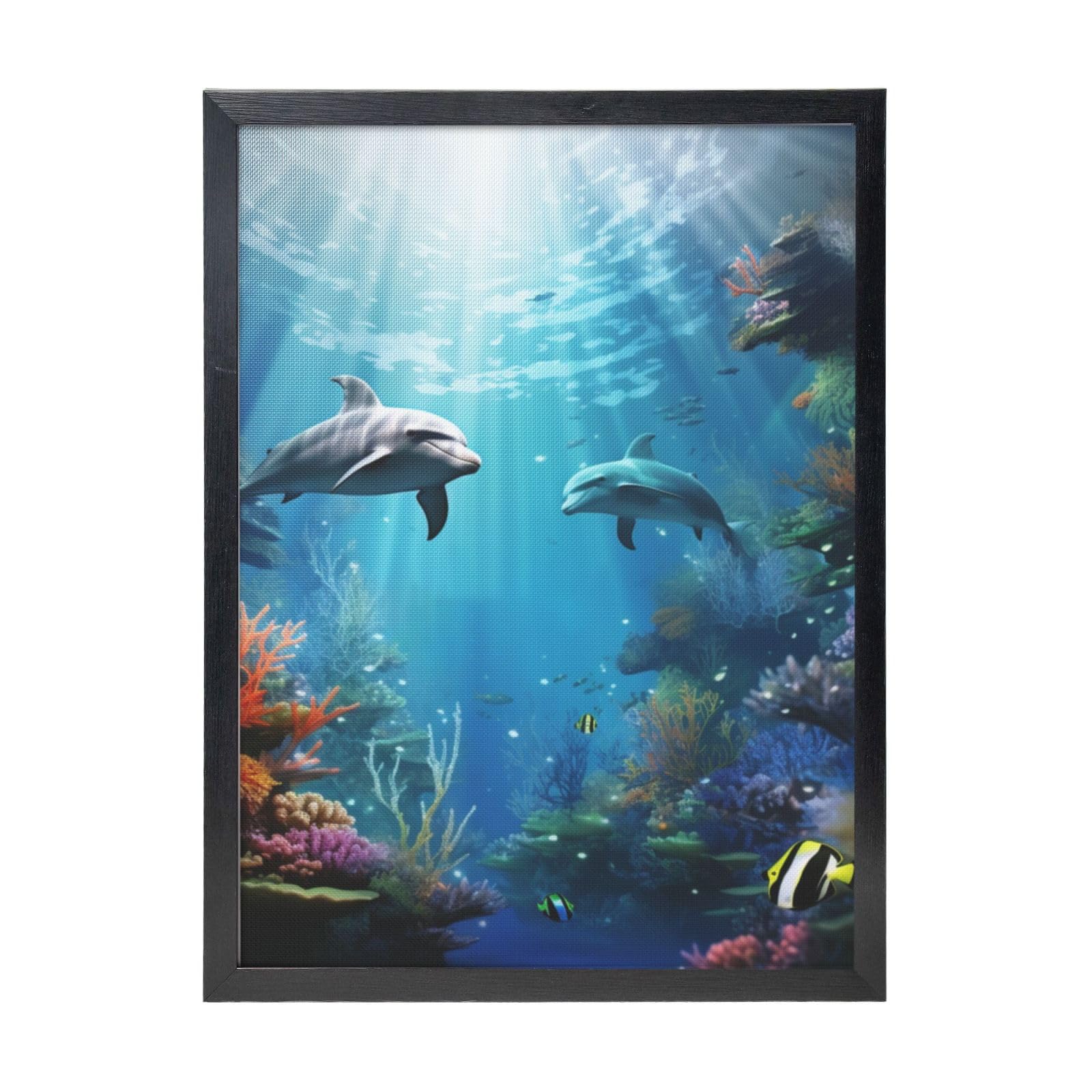 Framed Wall Art - Decorative Canvas Painting Blue Ocean Underwater Fish Pictures Poster Aesthetic Modern Prints Artwork for Bedroom Office Wall Decor Ready To Hang 12x16 in
