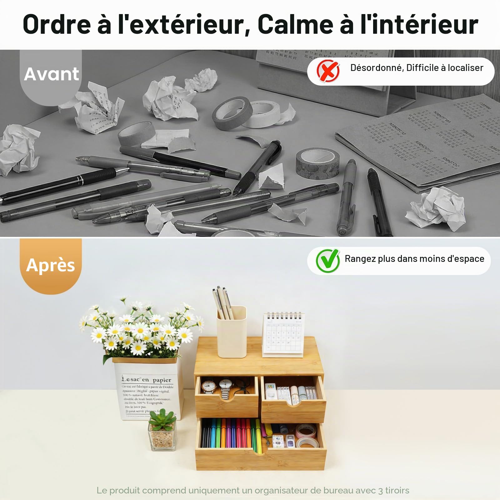Organiseur de bureau en bambou avec tiroirs - Mini commode en bambou - Design monobloc - Boîte à maquillage avec 3 tiroirs - Pour bureau, salon et chambre à coucher
