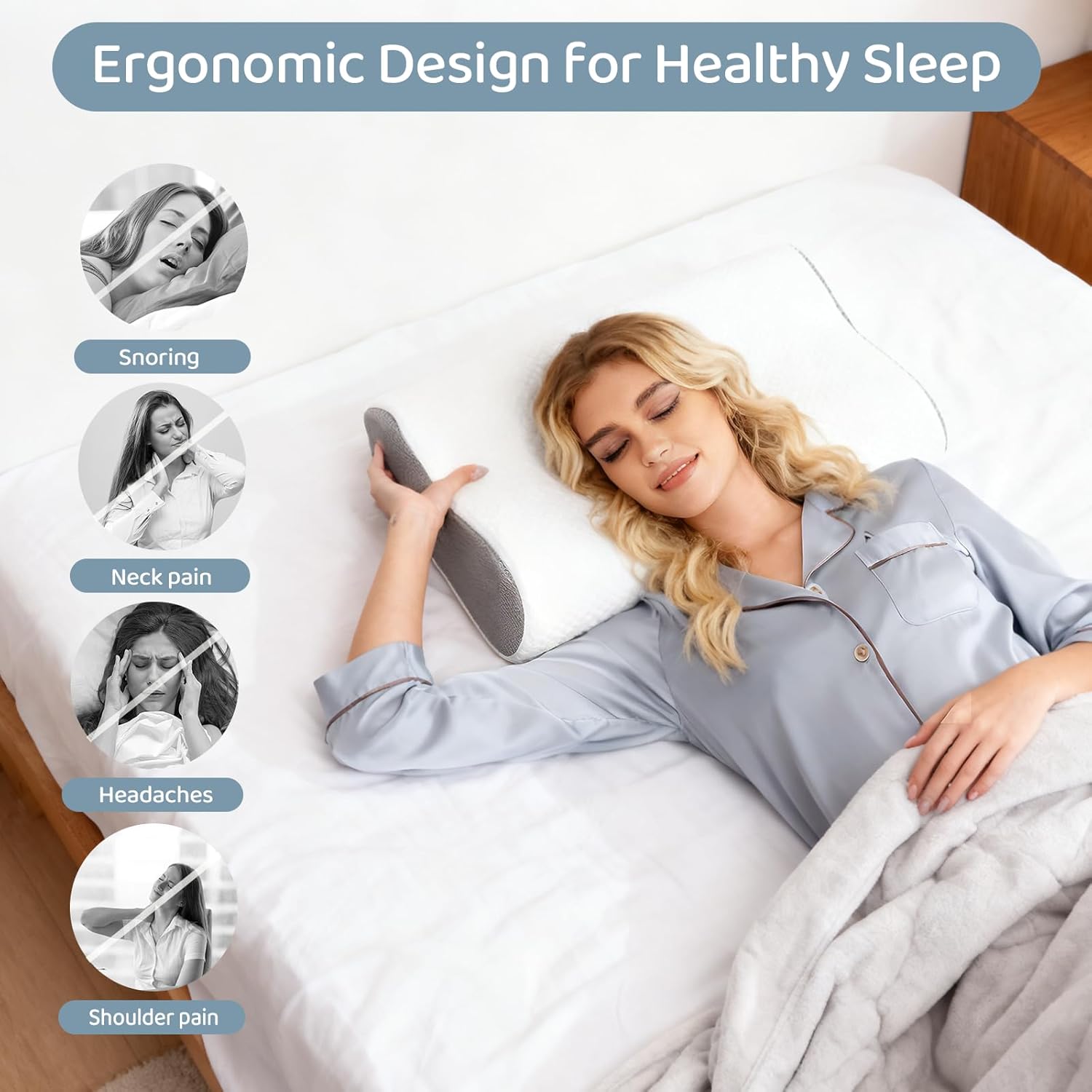 Cervical Neck Pillow for Neck Pain Relief - Ergonomic Memory Foam Pillows,Neck Pillow for Sleeping, Side Back Stomach Sleepers,Breathable & Washable Cover, White (Medium Soft)