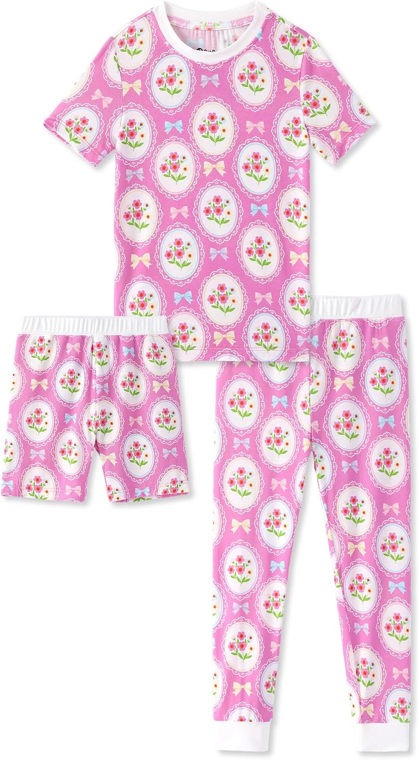 PATPAT Kid Pajama Set with Bamboo Viscose, Toddler Girl 3-PC Pj, Flower, 5T