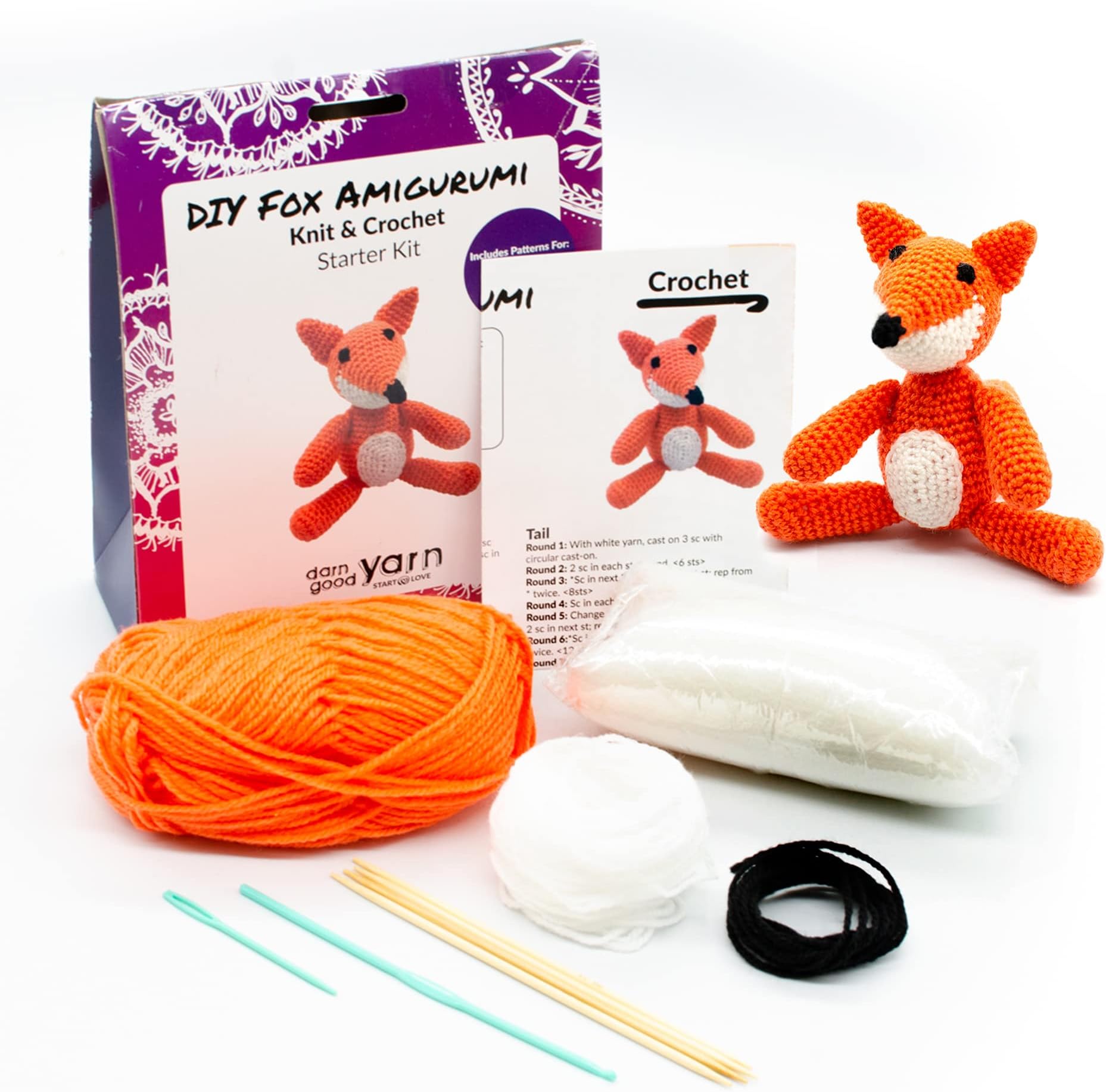 Darn Good Yarn - Crochet kit for Beginners to Intermediate | Fox DIY Crochet Amigurumi - Crochet Kit Include Pattern, Yarn, Crochet Hook, Stuffing and Knitting Needles