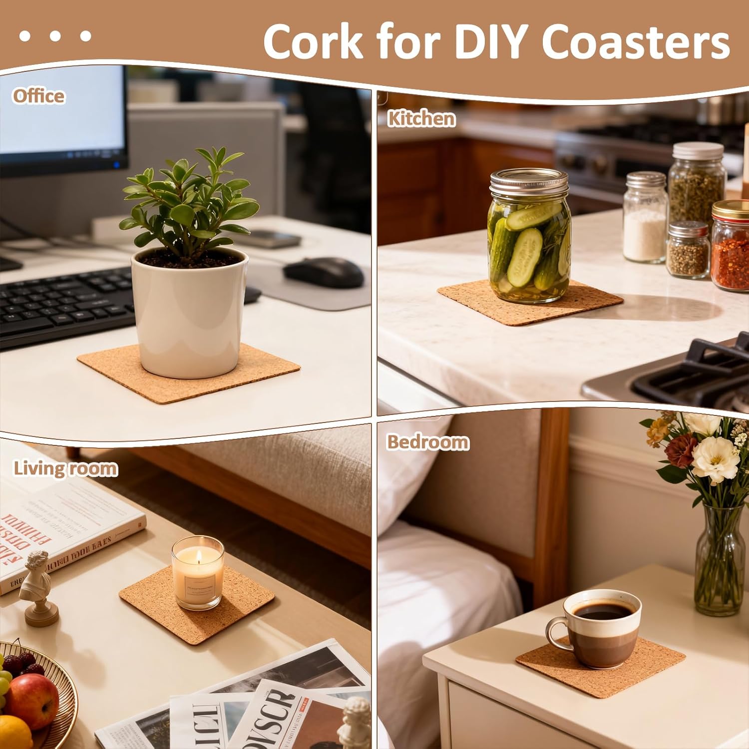 100 PCS Self-Adhesive Cork Sheets 4 x 4 Inch Squares Cork Coasters Square Corks Board Backing for DIY Crafts, Drinks and Home Tabletop Decoration - Image 7