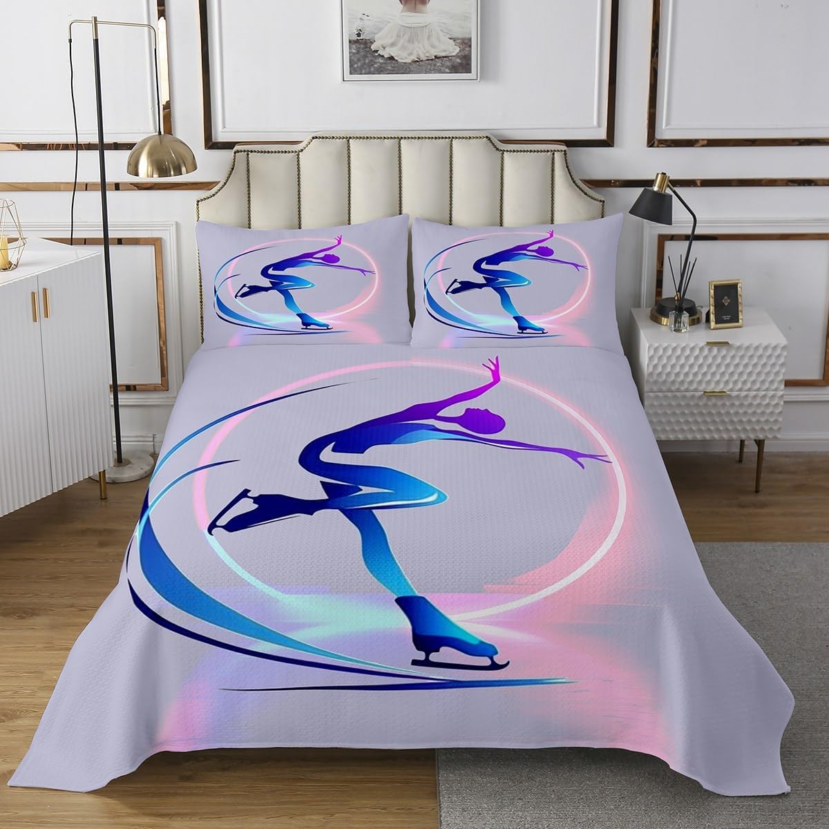 Homewish Gymnastics Girls Bedspread Queen Size Ice Skating Bedding Set 3pcs for Kids Teens Women Bedroom Decor Watercolor Dancing Silhouette Comforter Set Skating Sports Speed Quilt Set,2 Pillowcases
