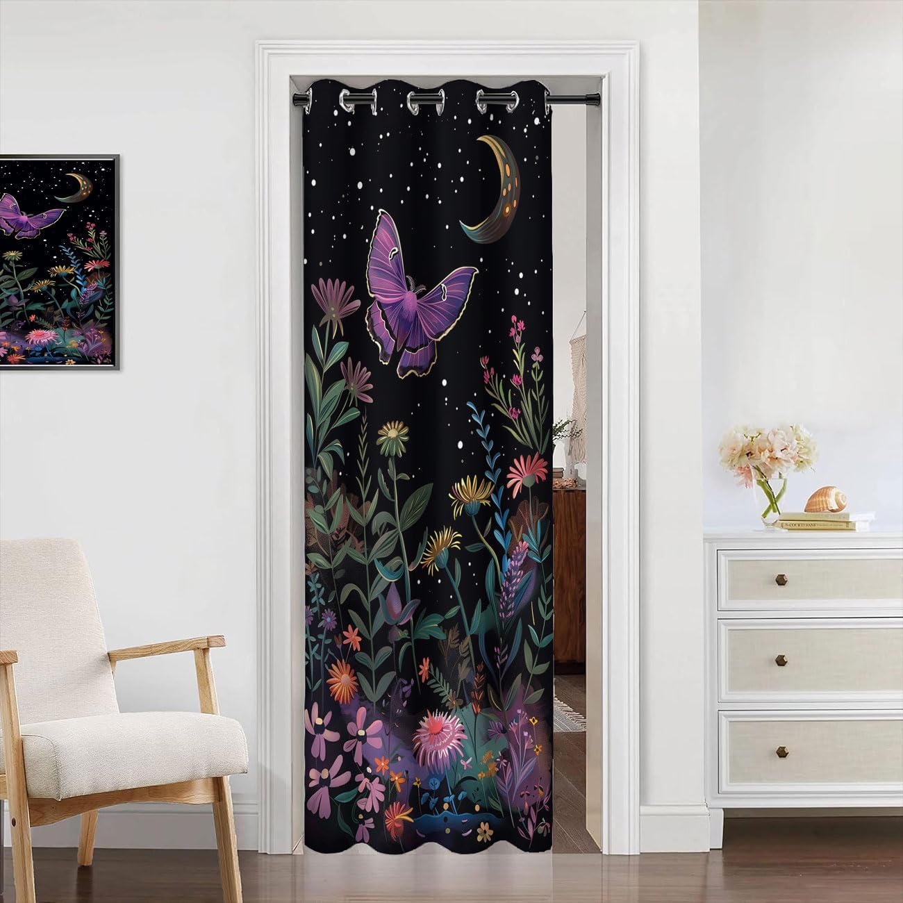 Purple Moth Door Curtain Home Decor, Butterfly Flowers Plants Night Room Darkening Blackout Curtain for Bedroom Living Room Closet Door, 1 Panel 34" W X 80" L