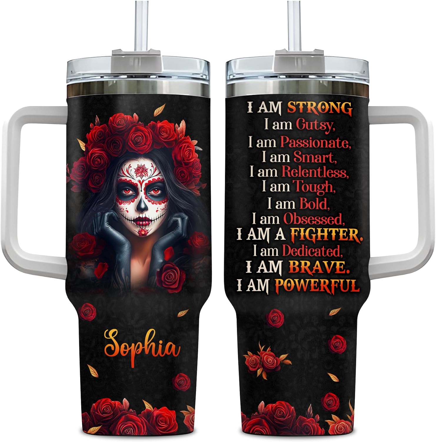 Hyturtle Personalized Floral Sugar Skull Tumbler - Sugar Skull Gifts For Women Lovers - Day Of The Dead Gifts For Her Girls - Gothic Halloween Decor - Custom Travel Coffee Cup 40 Oz With Lid Straw