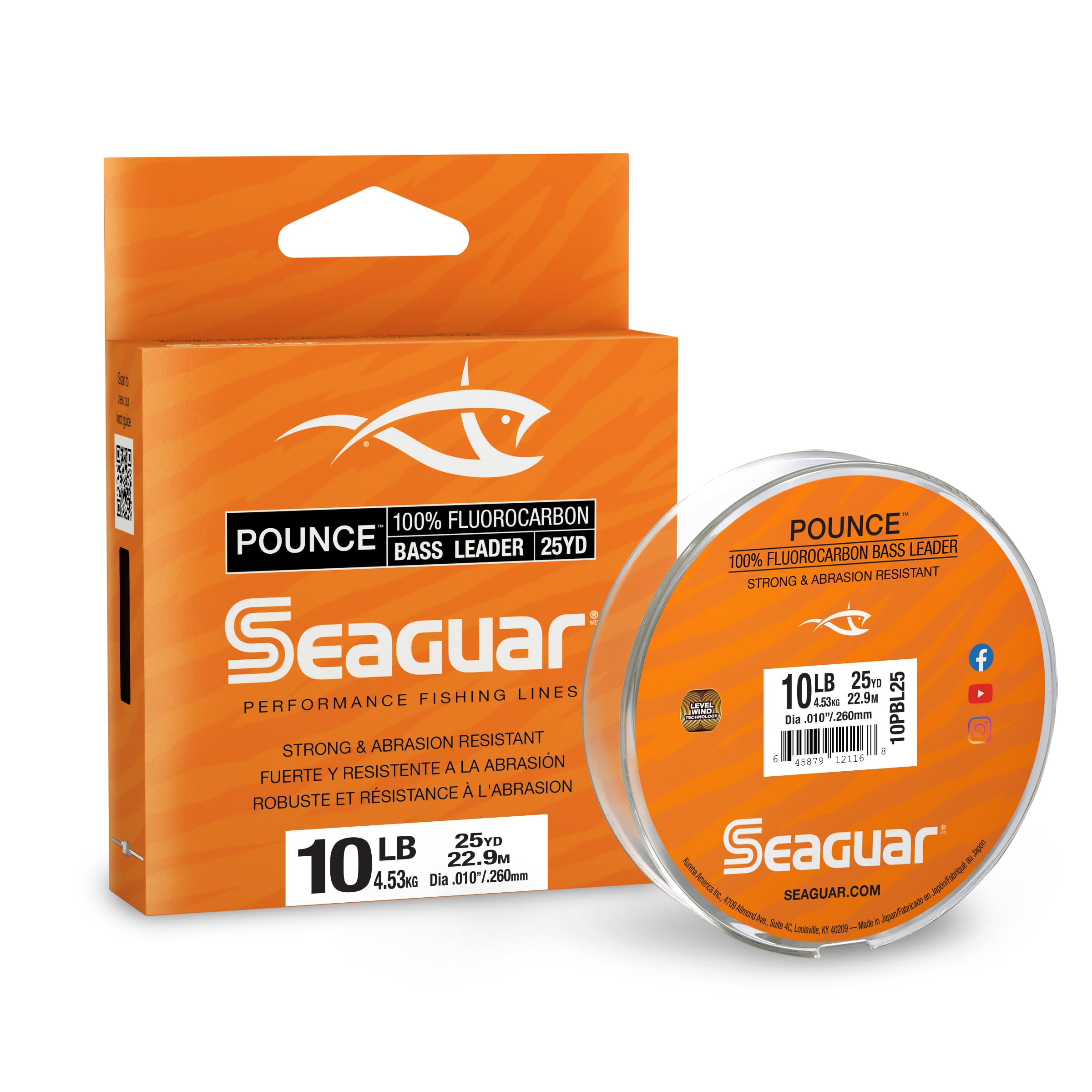 Seaguar Pounce Bass Fishing Leader, 100% Fluorocarbon, 10lbs, 25yd Spool - 10PBL25