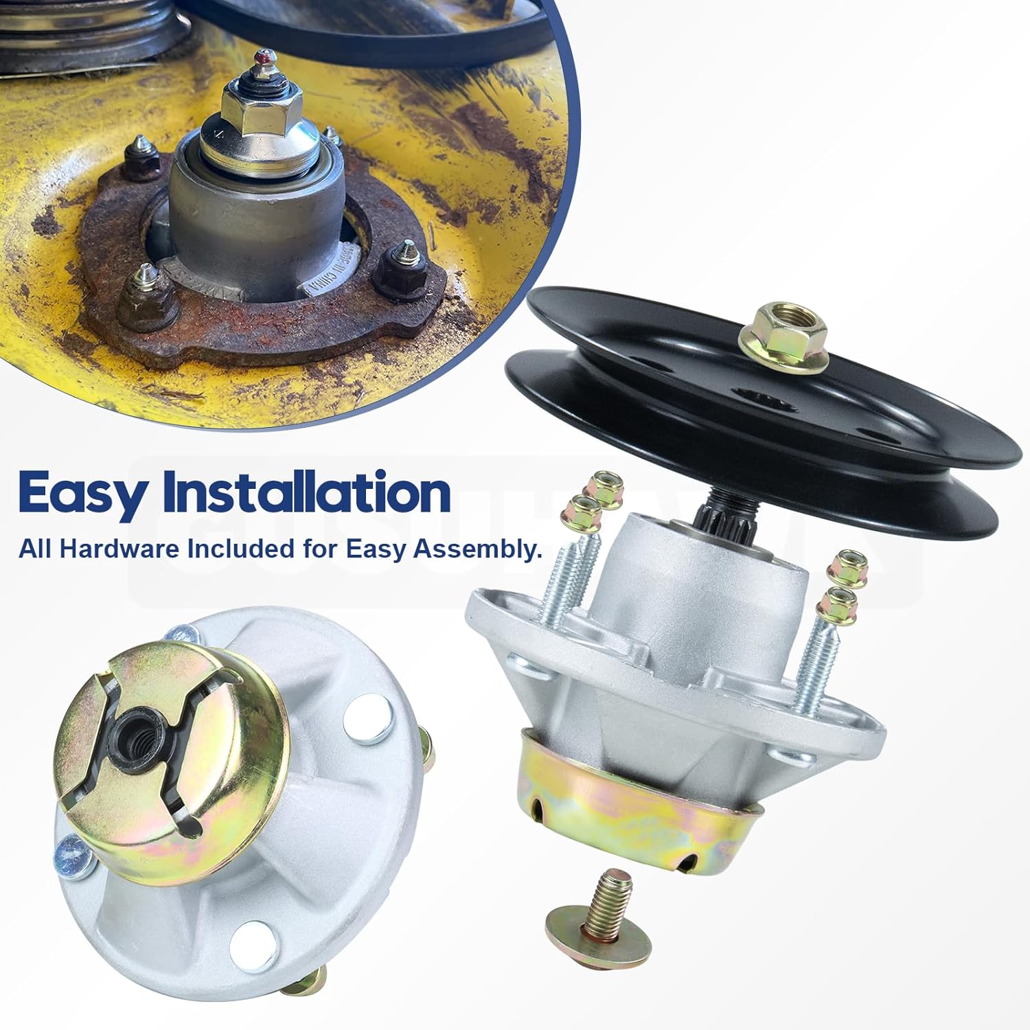 AM144377 Spindle with M140059 Spindle Pulley Replaces John Deere AM144377, AM135349 for John Deere 1025R GT235 GT245 GX255 GX325 GX335 GX345 X320 X340 X485 X500 X520 X530 X720 54" 62" Decks
