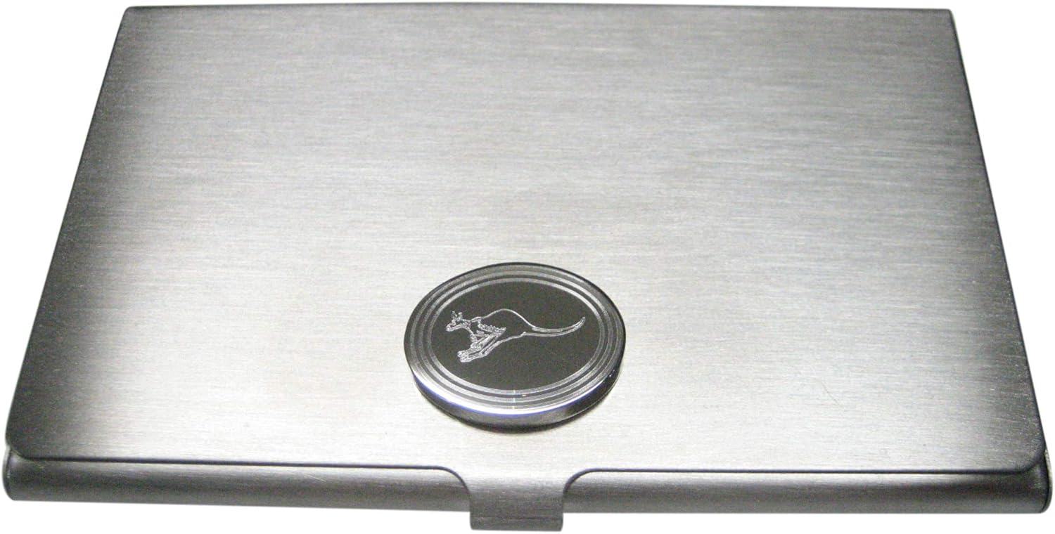 Silver Toned Etched Oval Leaping Kangaroo Business Card Holder