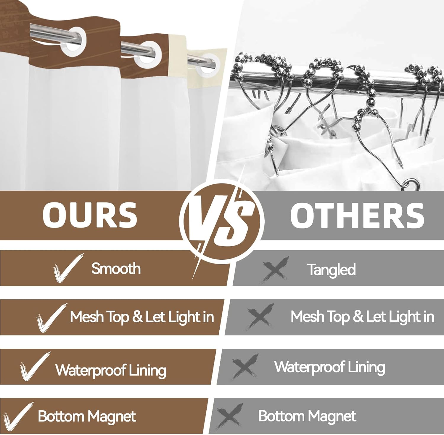 Boho Mid Century Modern Hookless Shower Curtain with Snap in Liner, Black and Brown Beige and Gold No Hook Double Layer Shower Curtains and Liner Set, Waterproof Cloth Fabric, 71" W X 86" L