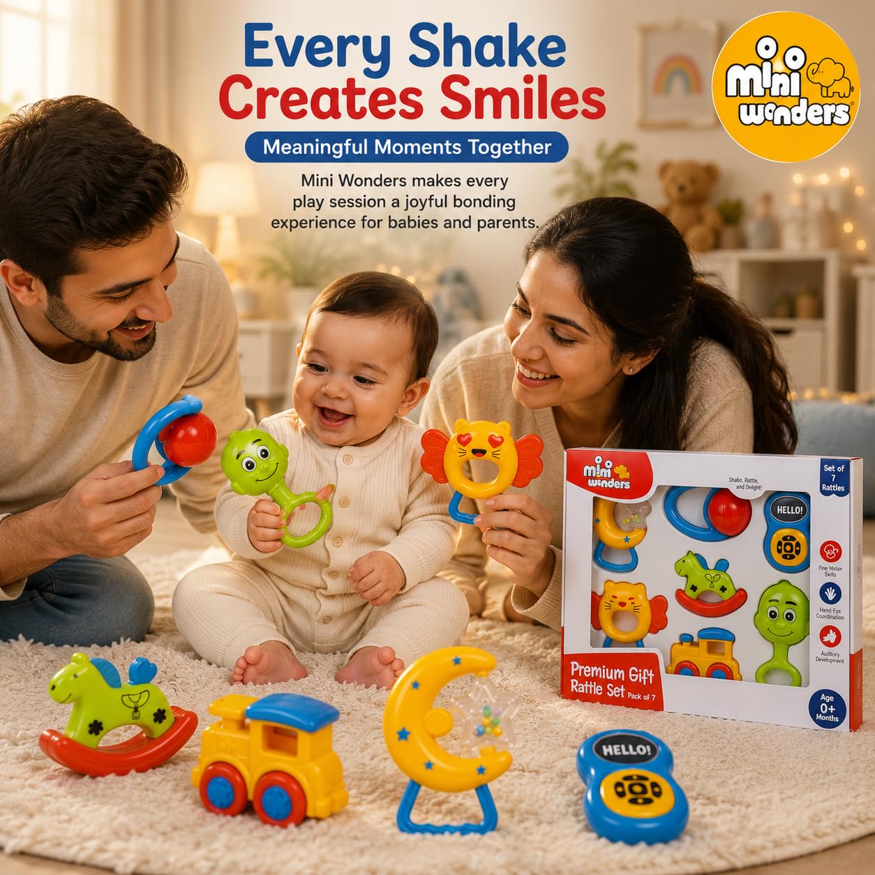 Mini Wonders Baby Rattle Set of 7 | Newborn Rattle Gift Set for Boys & Girls | Safe & Colorful Infant Toys for Early Learning & Sensory Play | Ideal Gift Pack for 0-12 Months Babies 1