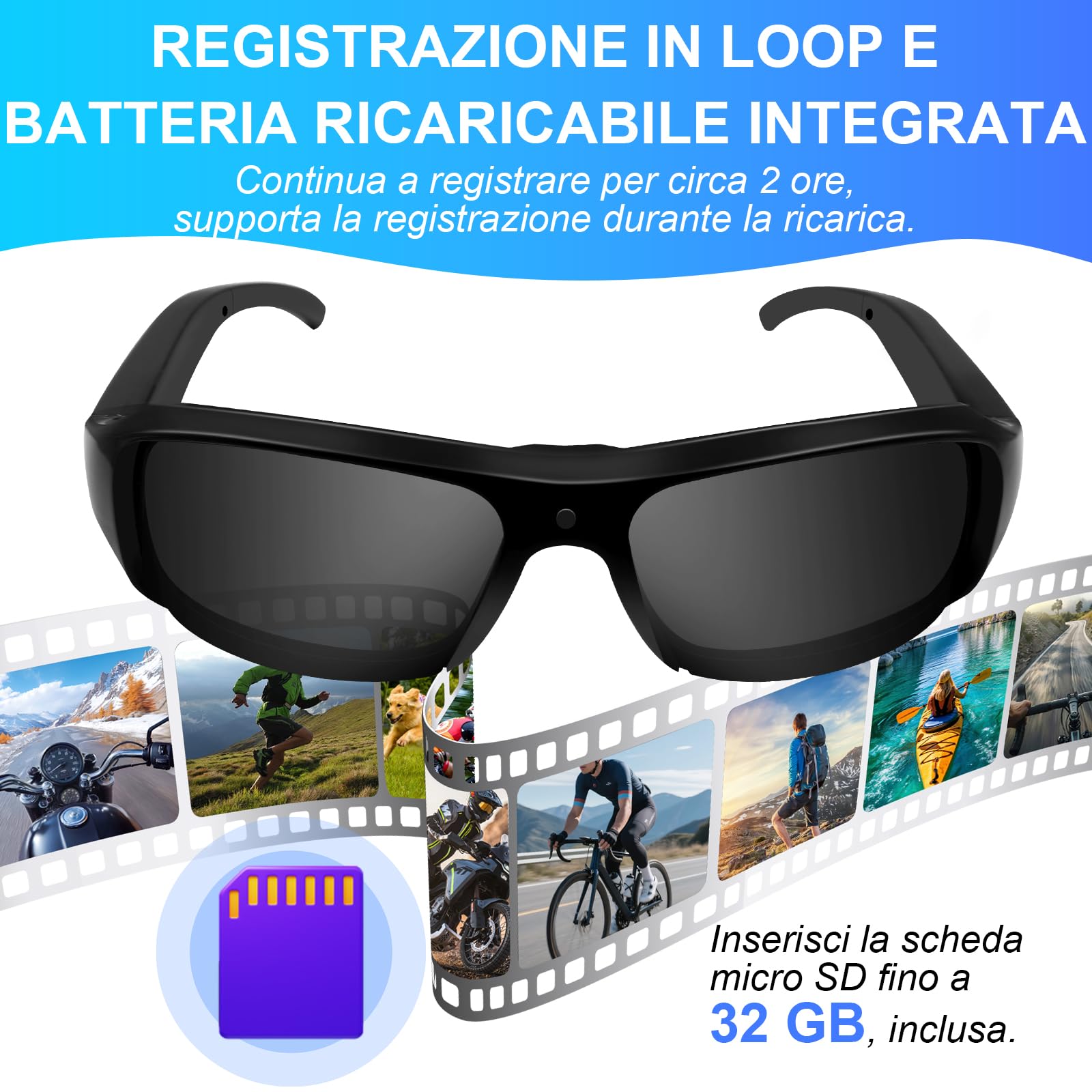 Occhiali da Sole Sport Mini Telecamera Hd 1080p Occhiali Mini Action Camera, Occhiali da Sole Sport Action Camera da 32Gb Per Escursionismo, Equitazione Attività All'aperto Registrazione - Nero