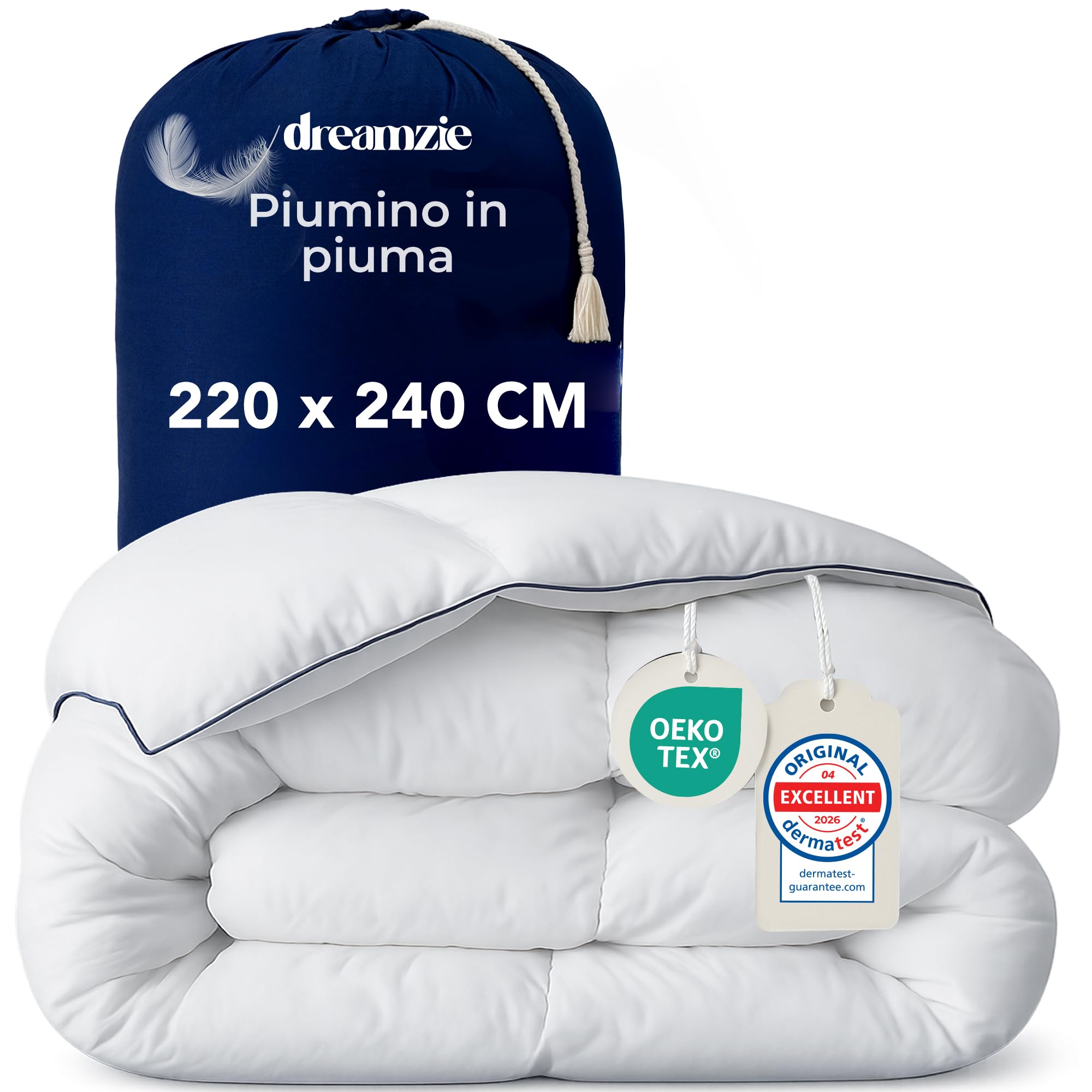 Dreamzie - Piumino in Piuma Matrimoniale 4 Stagioni Piuma Ultraconfortevole 220x240 cm - Piume e Plumón d'Anatra 450gsm – Certificato Oeko-Tex, RDS e Downpass