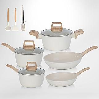 SHEUMNT 11Pcs Pots and Pans Set, Nonstick Cookware Sets, White Granite Induction Cookware Non Stick Cooking Set w/Frying P...