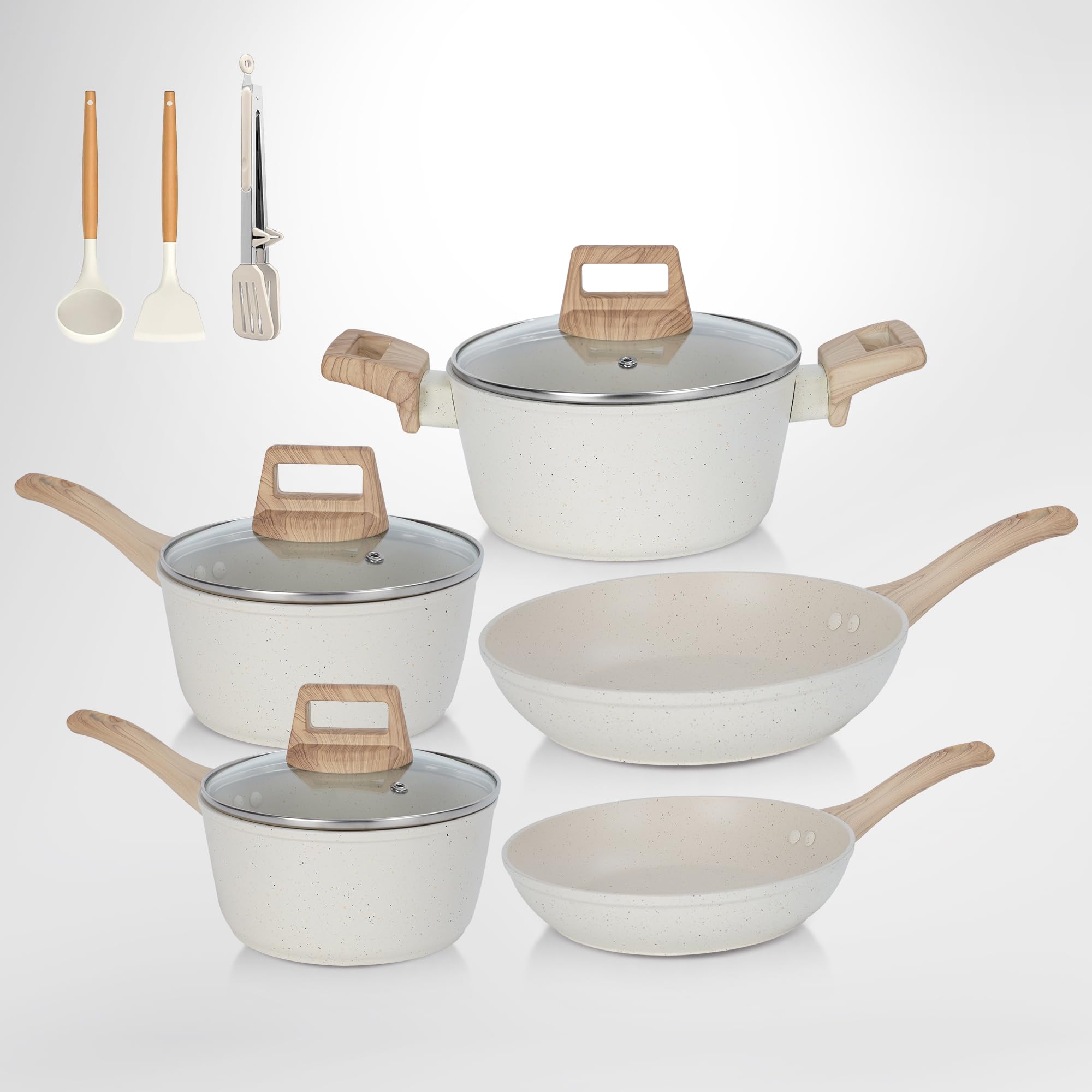 SHEUMNT 11Pcs Pots and Pans Set, Nonstick Cookware Sets, White Granite Induction Cookware Non Stick Cooking Set w/Frying Pans & Saucepans