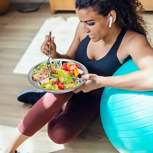 Miniatura 6 de ZOOFOX Juego de 4 platos divididos de acero inoxidable, placas de control de porciones con 4 secciones, bandeja redonda para servir, bandeja para