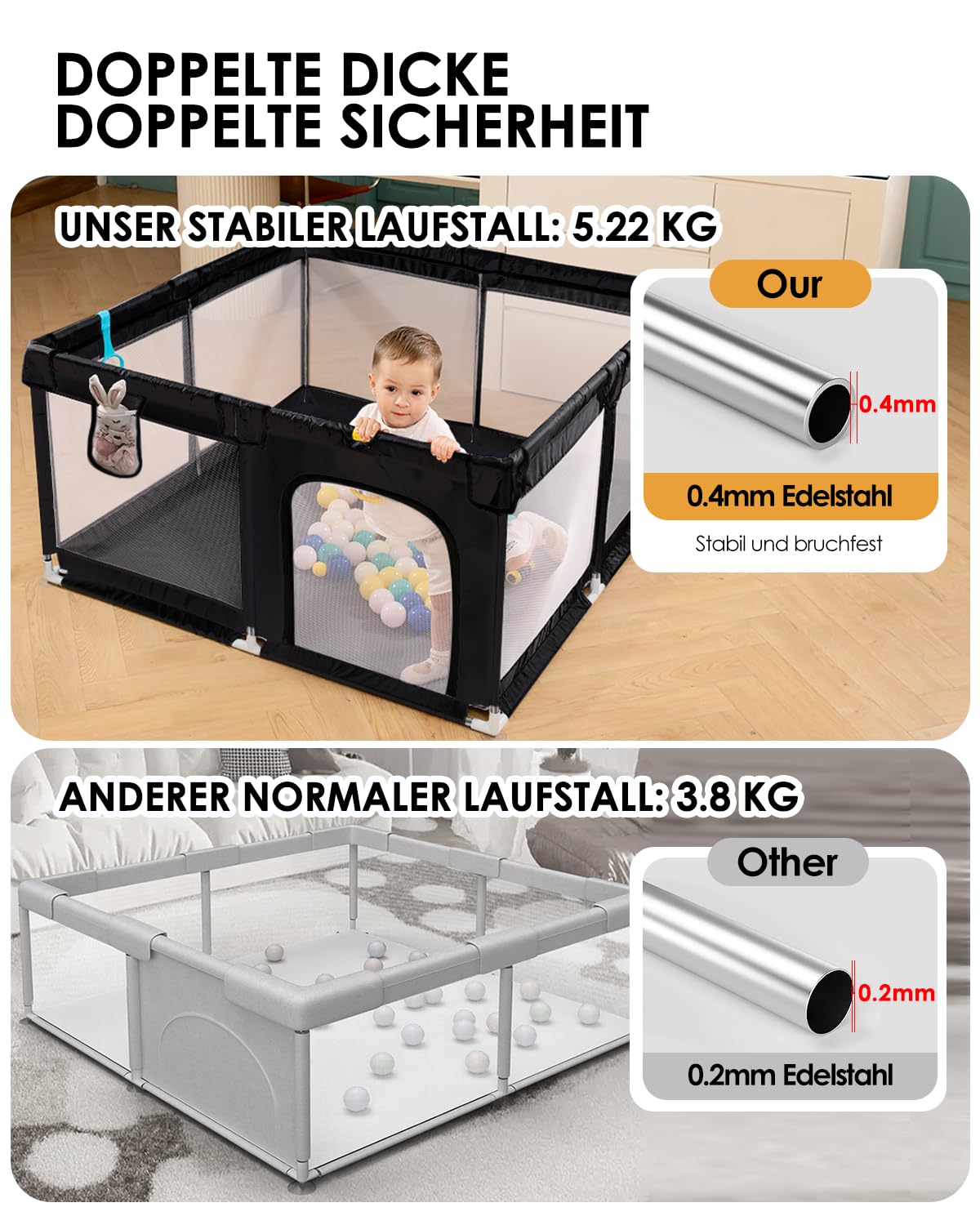 derimkcoa Laufstall Baby,Laufgitter Baby,Kinderzaun mit Atmungsaktivem Netz,Tragbarer Laufstall für Drinnen und Draußen(130x130x66cm,Schwarz)