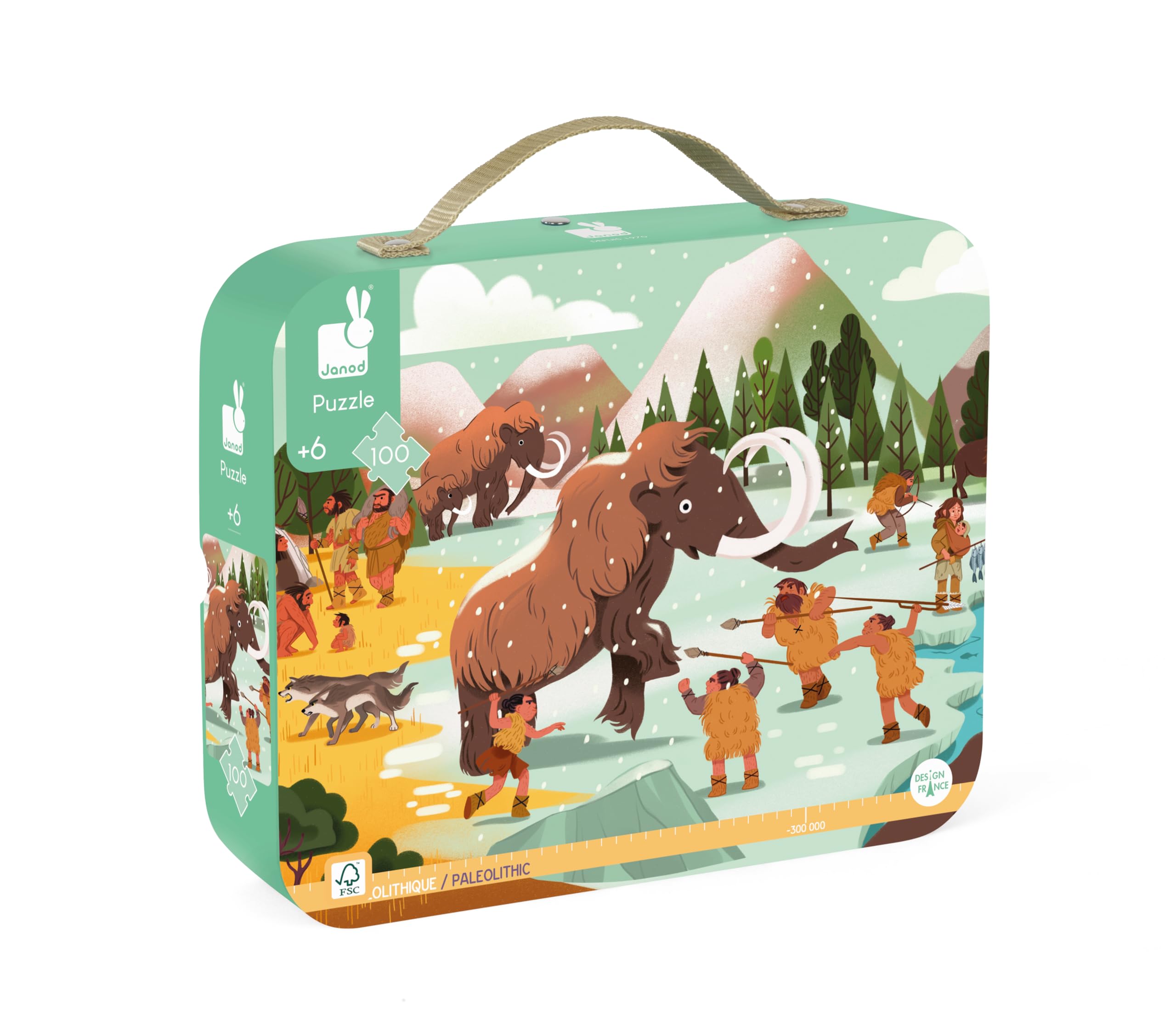 Janod J02558 Kinder-Puzzle mit 100 Teilen, Panorama der Vorgeschichte, Geschenktasche mit Stoffgriff, Alter 6-10 Jahre