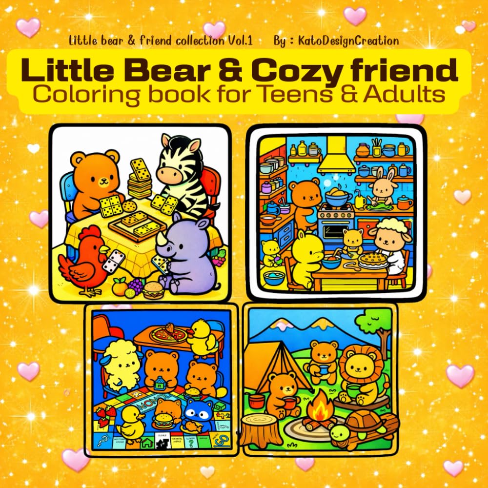 Little Bear & Cozy friend Coloring Book: 50 Cute Everyday Scenes with Animal Friends | Cozy Square Coloring Book