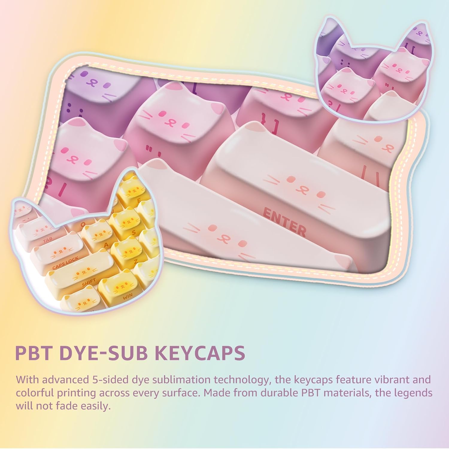 Akko PBT Keycaps Set, Colorful Cats Keycap Mao Profile 142-Key Keycaps for Mechanical Keyboards
