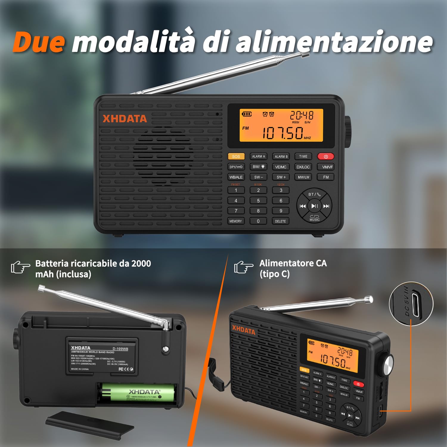 XHDATA D109WB Radio Portatile Tascabile Ricaricabile, FM/AM/LW, Orologio E Doppio Sveglia, Presa Per Cuffie, Lettore Mp3 Stereo Tf/bluetooth, Jogging, Passeggiate, Cucina, Famiglia Anziani Applicabile