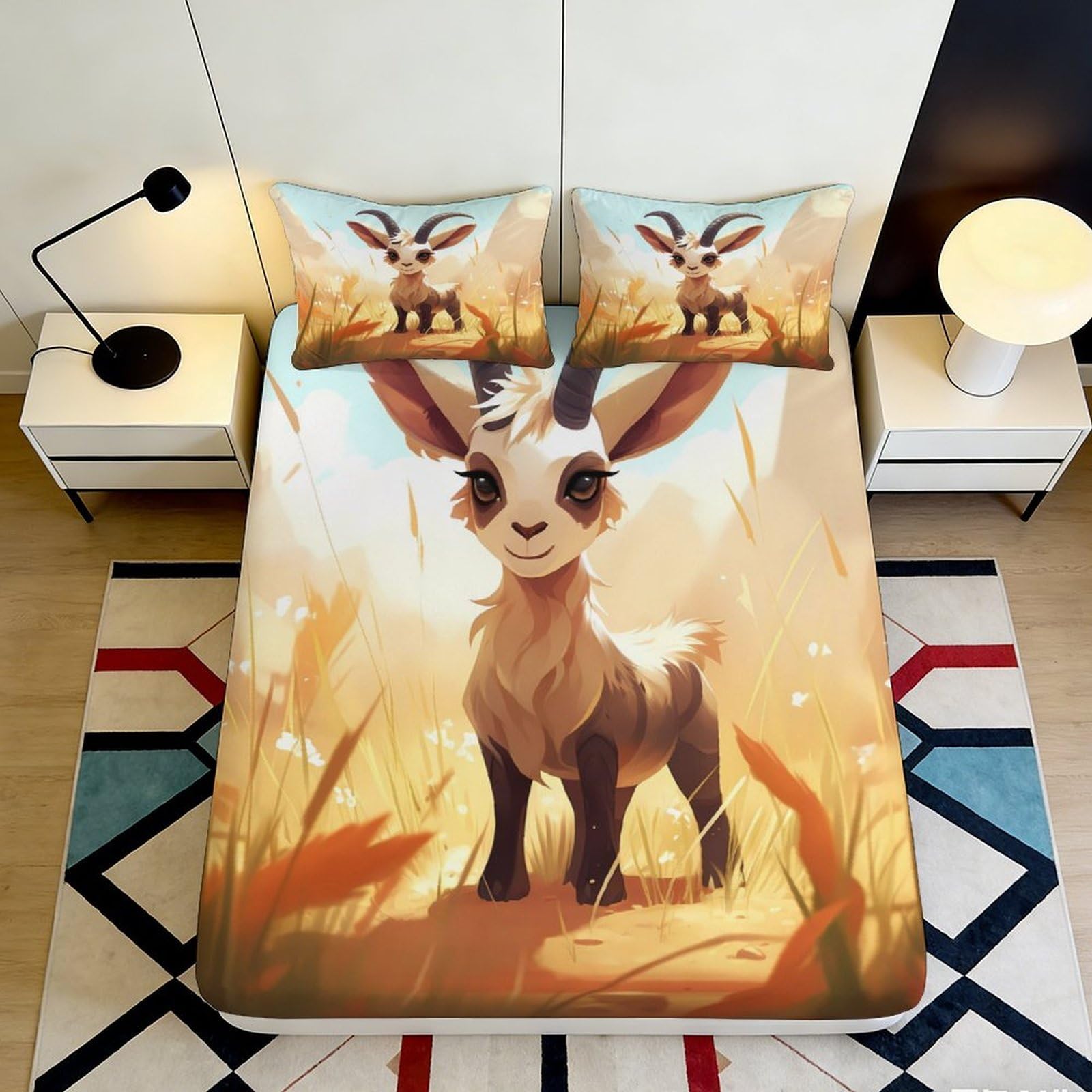 3D Printed Cartoon Goat Fitted Sheet Microfiber Soft Breathable Pastoral Meadow Bed Cover for Bedroom Dorm Decor 90x200x25cm
