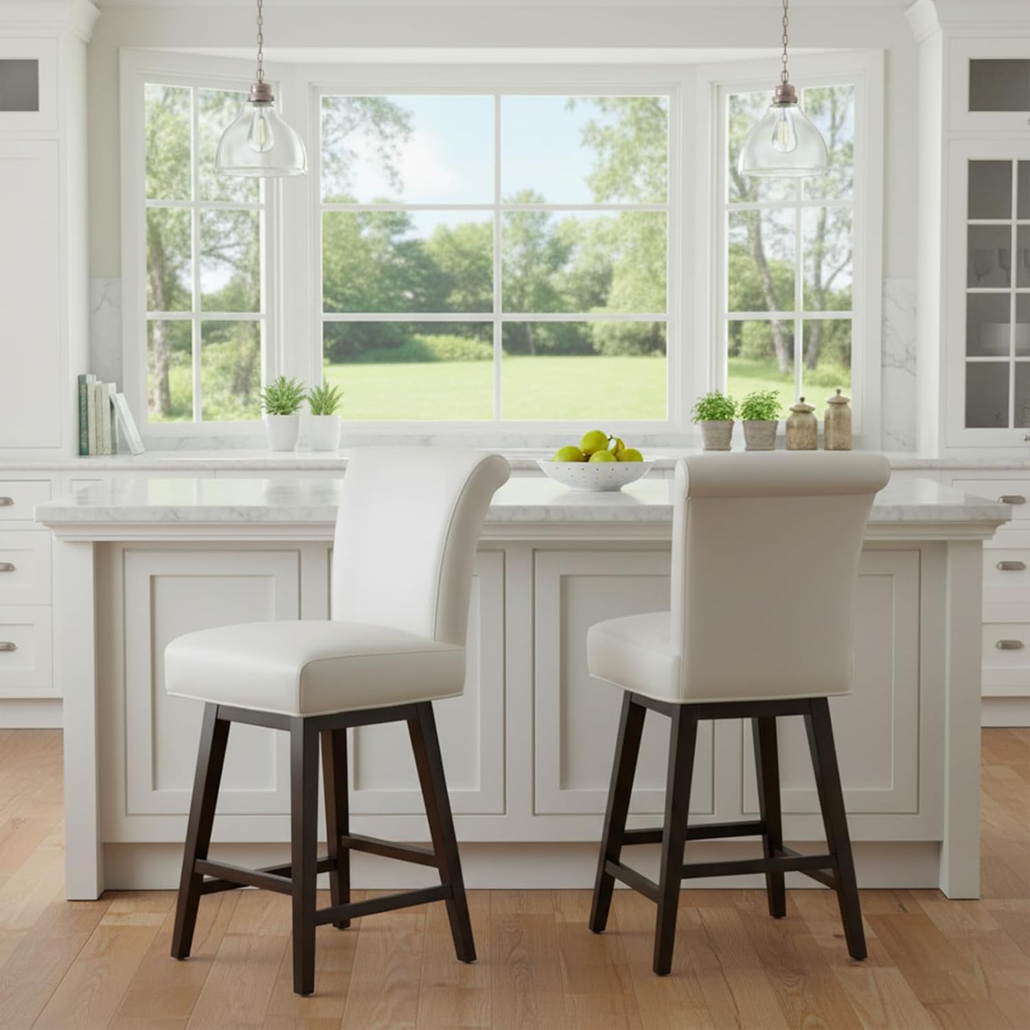 CHITA 26 Inch Counter Height Swivel Bar Stools Set of 4, FSC Certified Modern Upholstered Faux Leather Swivel Barstool Chair with Back, White