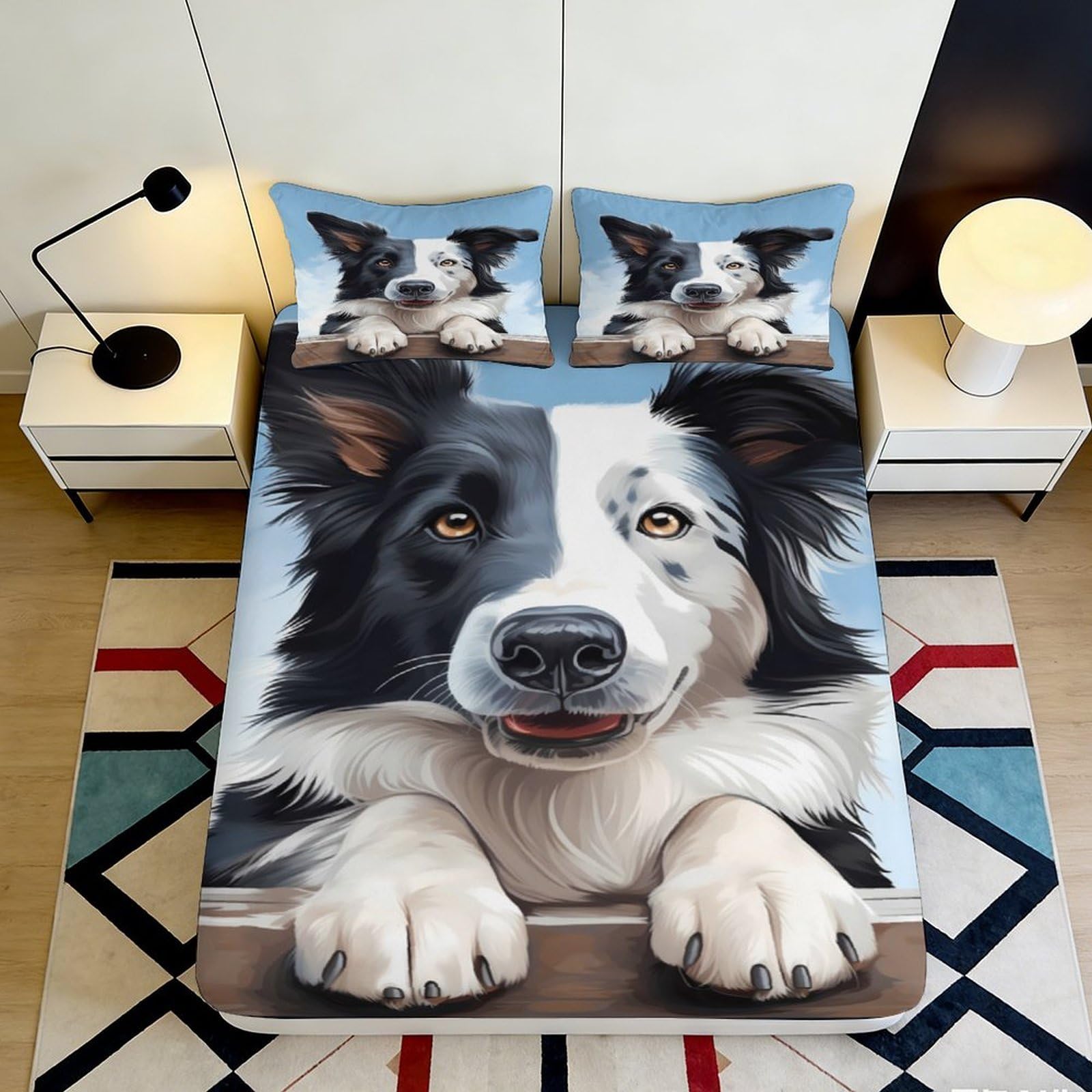 3D Printed Border Collie Dog Fitted Sheet Microfiber Soft Anti-Slip Bed Cover for Bedroom Guest Room Dorm Mattress Decor 90x200x25cm