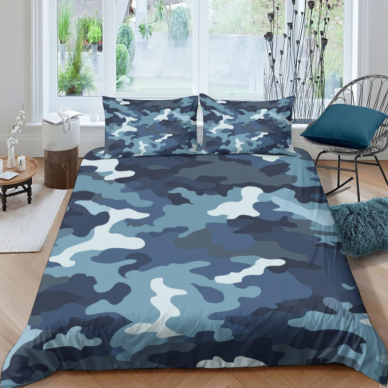 Ctjqhvkz Style-3 3D Printed Blue Camo Fitted Sheet Microfiber Soft Non-Slip Navy Camouflage Bed Cover For Bedroom Guest Room Decor Single（135X200cm）