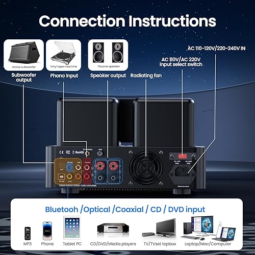 Miniatura 4 de Amplificador de tubo de audio con 4 tubos de vacío, 100 W, amplificador de potencia híbrido estéreo integrado para altavoces de estantería de alta