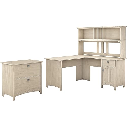 Bush Furniture Salinas 60W L Shaped Desk with Hutch and Lateral File Cabinet in Antique White