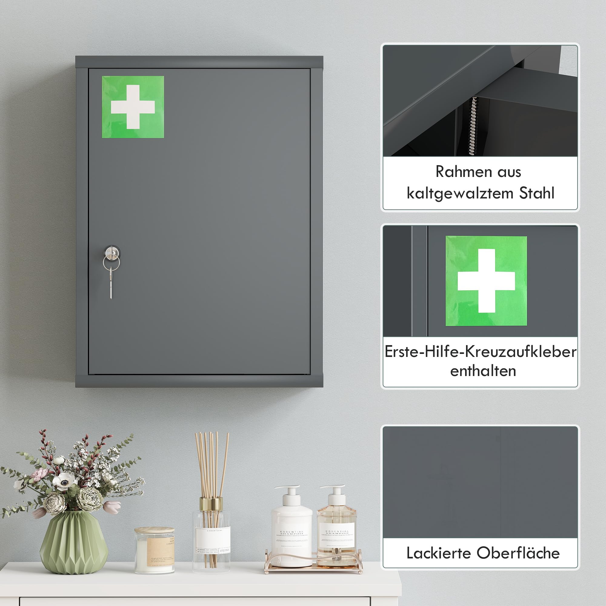 kleankin Armoire Pharma Verrouillable 3 Compart. 40x15x53.5cm Gris Anthr.