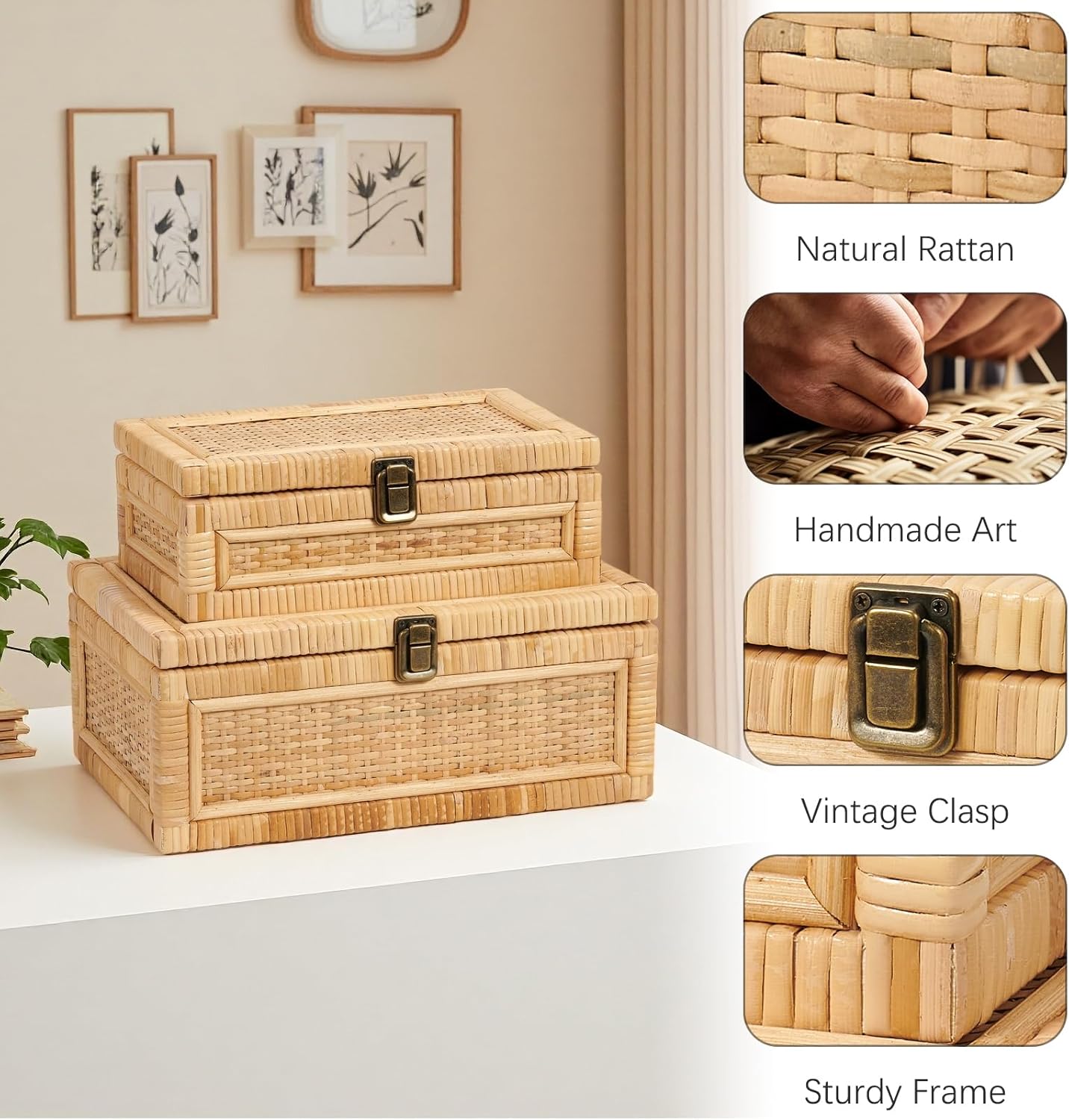 2PCS Rattan Box with Lid Decorative Natural Handmade Boho Baskets Woven Wicker Cane Bins Keepsake Memory Jewelry Boxes Rectangular Desk Shelf Closet Organizer Container (1 Large 1 Small)