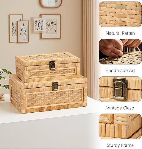 Miniatura 3 de Caja de ratán con tapa, decorativa, natural, hecha a mano, bohemio, cestas de mimbre tejidas, cajas de joyería de recuerdo, cajas rectangulares para
