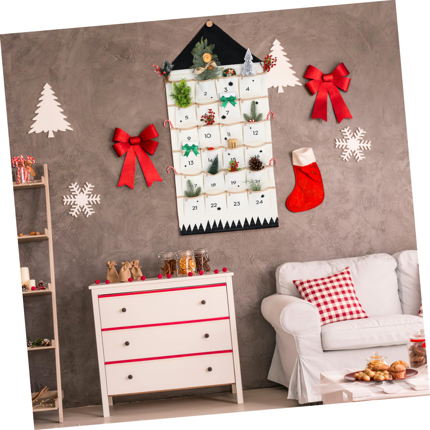 NUOBESTY Weihnachts Adventskalender Tasche Aus Stoff Wandaufhängung Aufbewahrungstasche Mit 24 Taschen Für Weihnachtsdekoration Und Kleinen Organizer Zum Hängen An Wand Tür Oder Baum