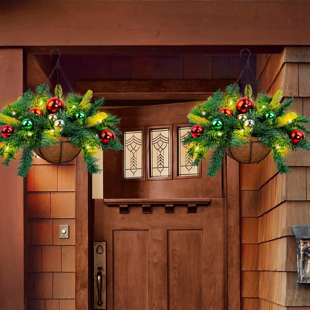 Pre-Lit Artificial Christmas Hanging Basket Christmas Decorations, Christmas Wreath Basket for Front Porch Garden Patio Outdoor Xmas Holiday Decor
