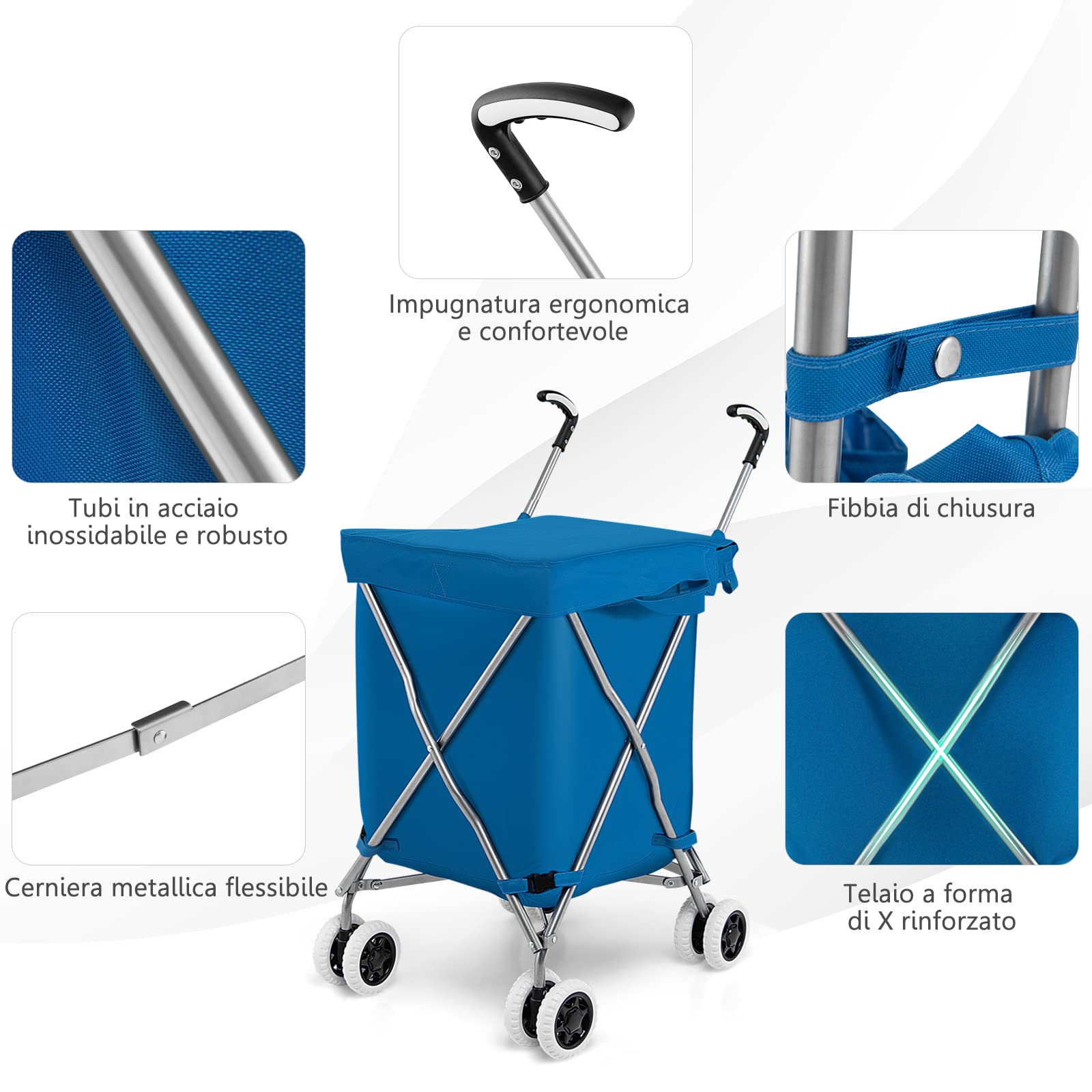 GYMAX Trolley per Spesa Pieghevole, Capienza di 90 L, Portata di 55 kg, Richiudibile e Staccabile, con 4 Ruote, Doppio Manico e Coperchio, Materiale Impermeabile, 46x66x94,5 cm (Blu)