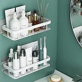 MBOX Kit 2 Prateleiras de Canto Luxo para Banheiro em Alumínio Escovado Resistente, Suporte Organizador Sem Furar com Adesivo 3M, Suporta 10kg e Antiferrugem para Banheiro (Branco, Retângulo)