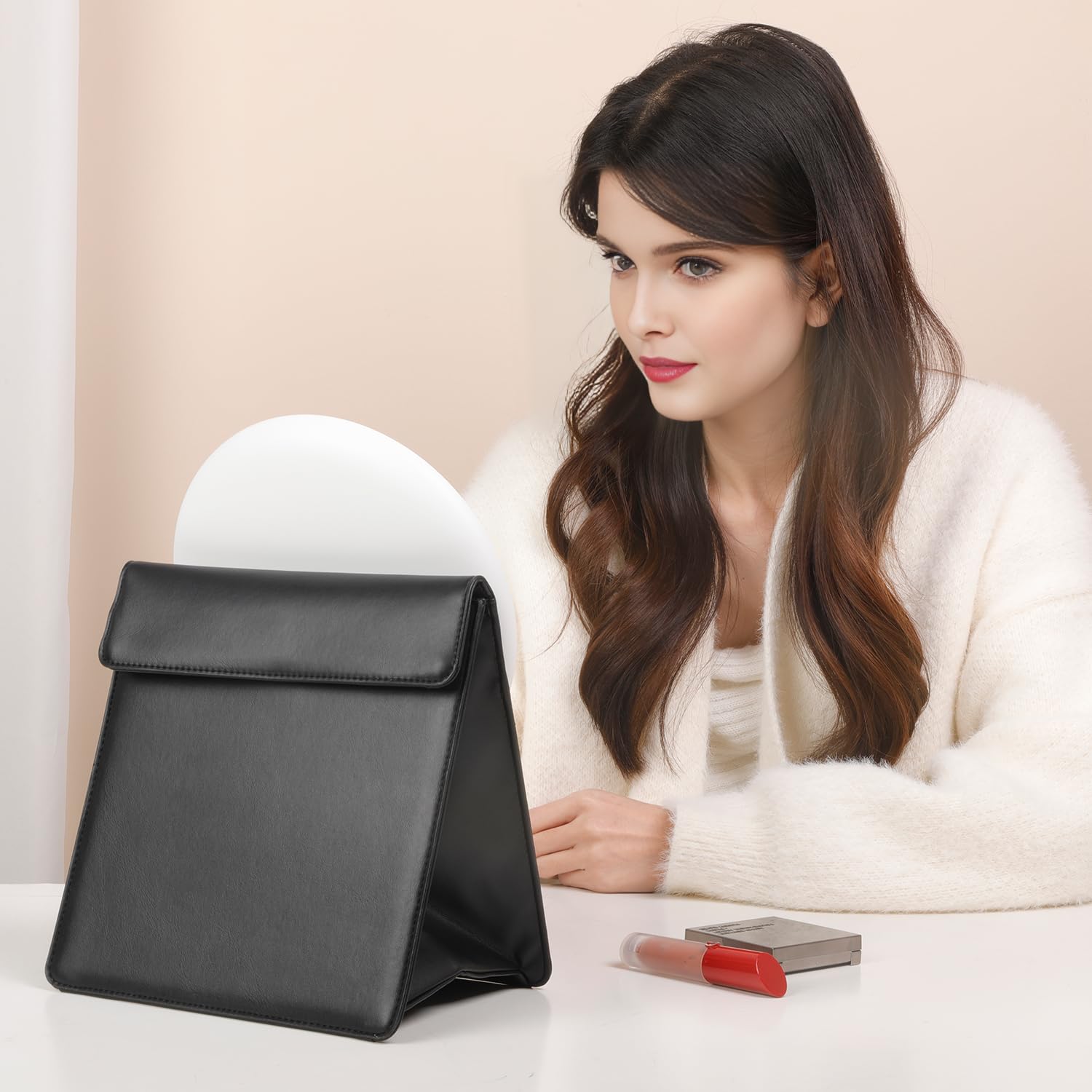 Portable Travel Makeup Vanity Mirror with Storage Bag Rechargeable Hand Mirror Adjustable Brightness Touch Screen Beauty Mirror with 3 Lighting Modes Detachable Makeup Mirror Travel Mirror (Black) - Image 3