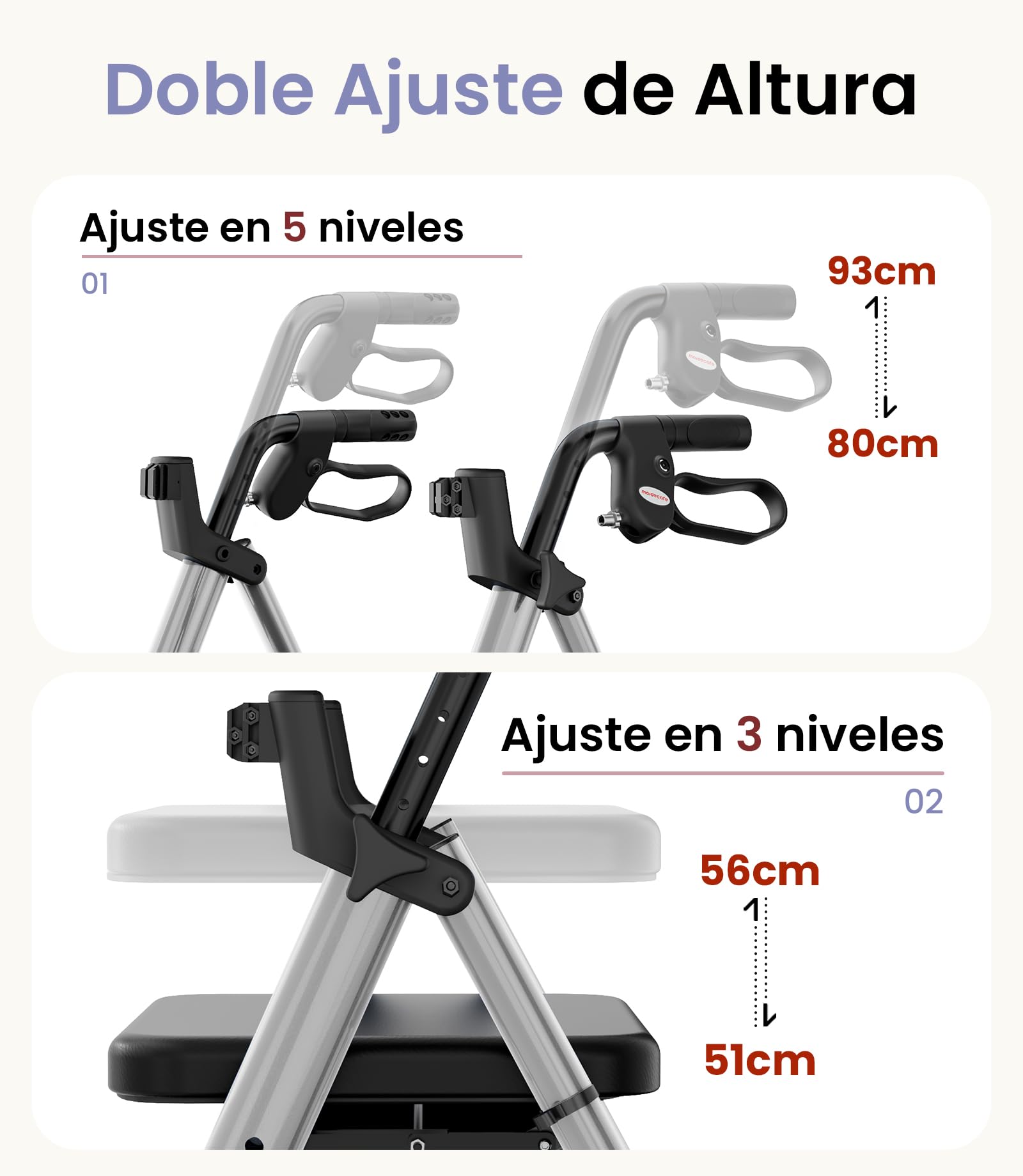 Andador para Ancianos con Asiento Plegable, Manillar y Asiento Regulables en Altura, Caminadores para Mayores, Ayuda para Caminar Ligera con Freno, Ruedas 8" Todoterreno, Plata Estelar