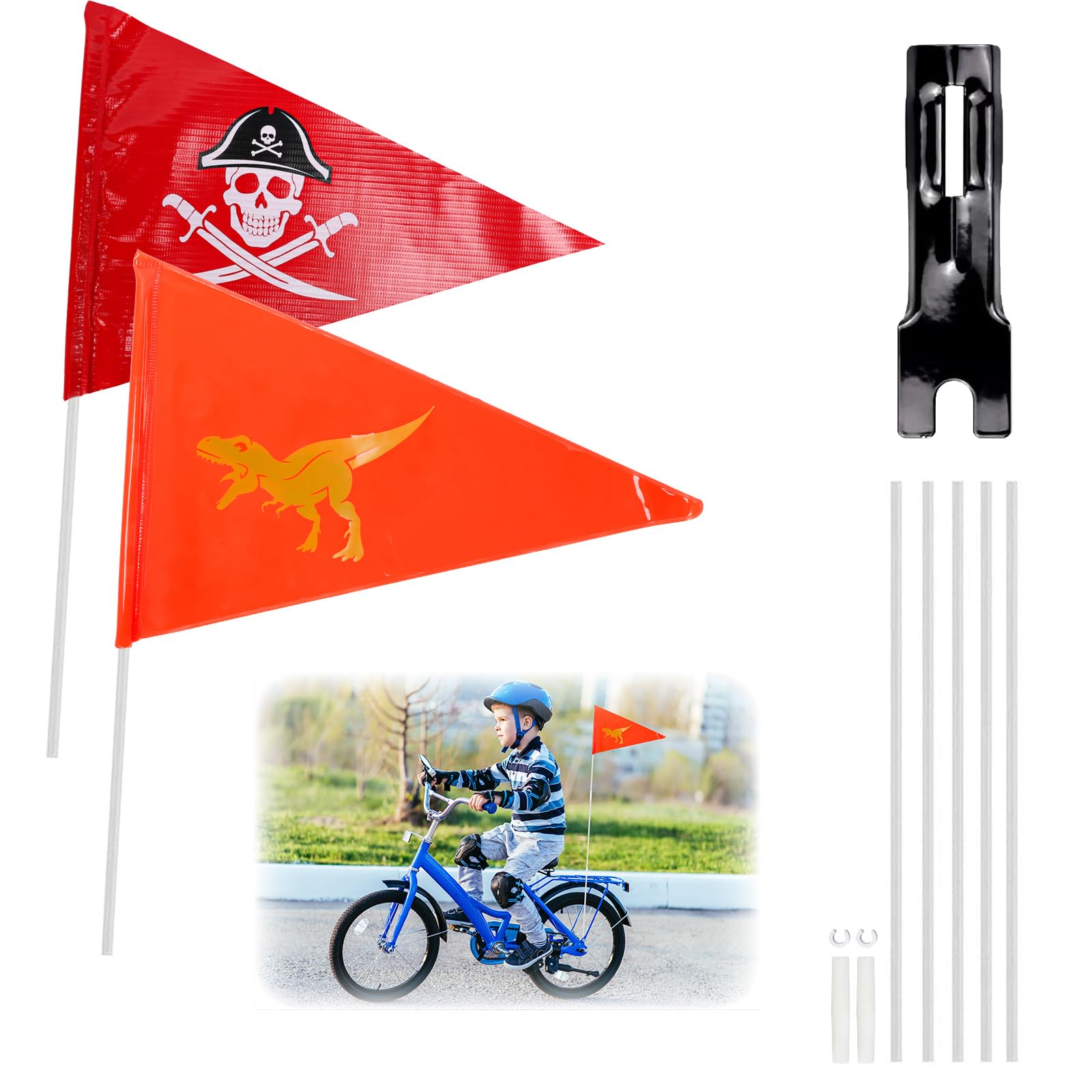 Bike Safety Flag, 2Pcs Dinosaur Pirate Safety Flags with Adjustable Height Pole for Bicycle Trailer High Visibility Safe Flag Reflective Triangular Flags for Kids Adult Safety Cycling Supply
