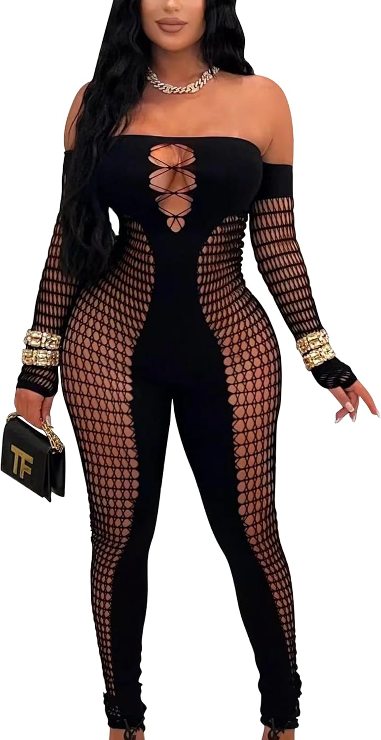 ZileZile Women's Sexy See Through Off Shoulder Hollow Out Mesh Club One Piece Fishnet Jumpsuits Black Large-X-Large