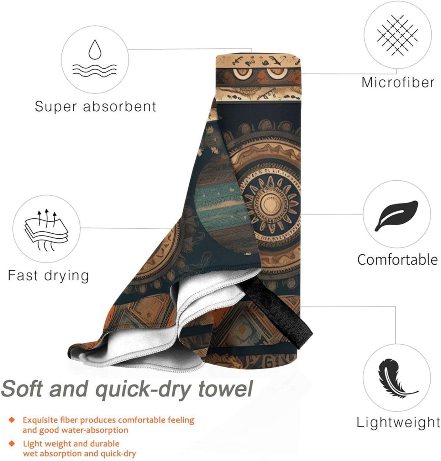 Bohemian Style Printed Microfiber Travel Towel,Camping Towel,Quick Dry,Soft Lightweight for Gym,Hiking,Yoga,Backpacking