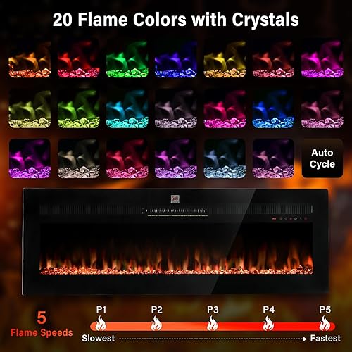 Miniatura 2 de TCFUNDY Chimenea eléctrica de 50 pulgadas empotrada en la pared y montada en la pared, calentador de chimenea de 1400 W con 20 colores de llama