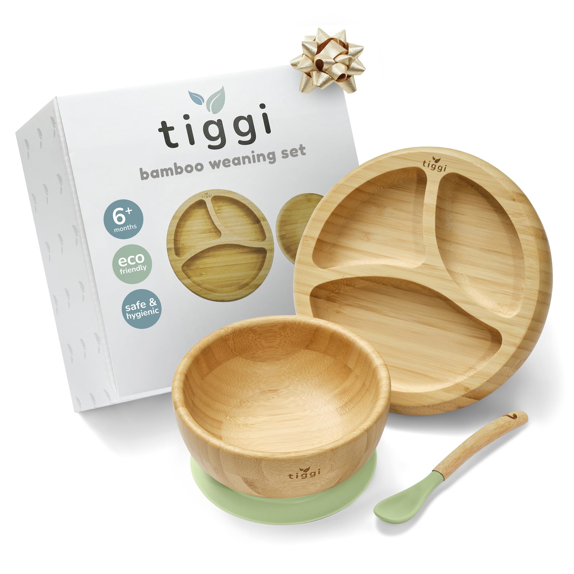 Bamboo Weaning Set by Tiggi, Complete with Baby Bowl and Suction Plate for Weaning, Baby Feeding Set, Kids Dinner Set, Toddler Plates and Bowls Sets (Soft Mint)