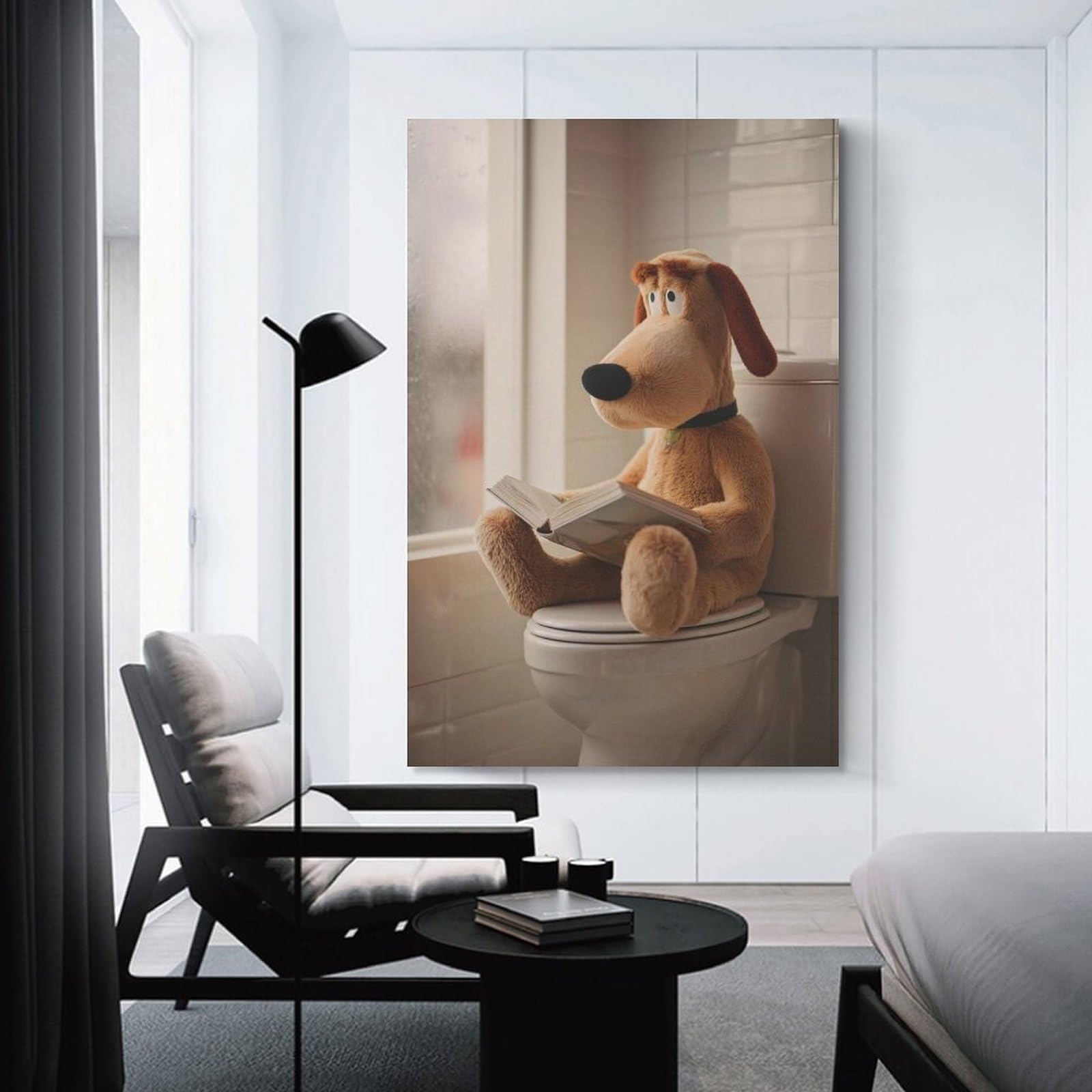 Junmoney Unframe-Style-10 Dog Plush Reading On Toilet Hanging Wall Art, 16X24inch(40X60cm), For Gallery Wall Decor And Room Displays, Home Wall Art For Statement Displays