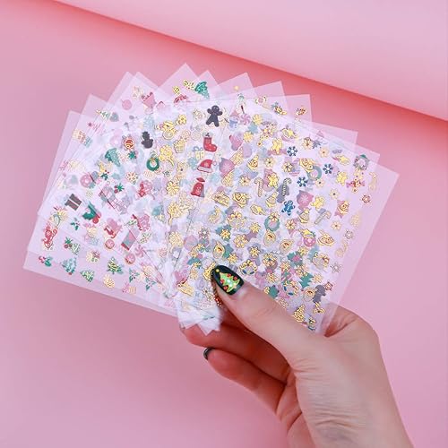 Miniatura 5 de Calcomanías de uñas de Navidad, 12 hojas de calcomanías de arte de uñas, adhesivo 3D, copos de nieve de Navidad, patrón de bastón de caramelo, arte