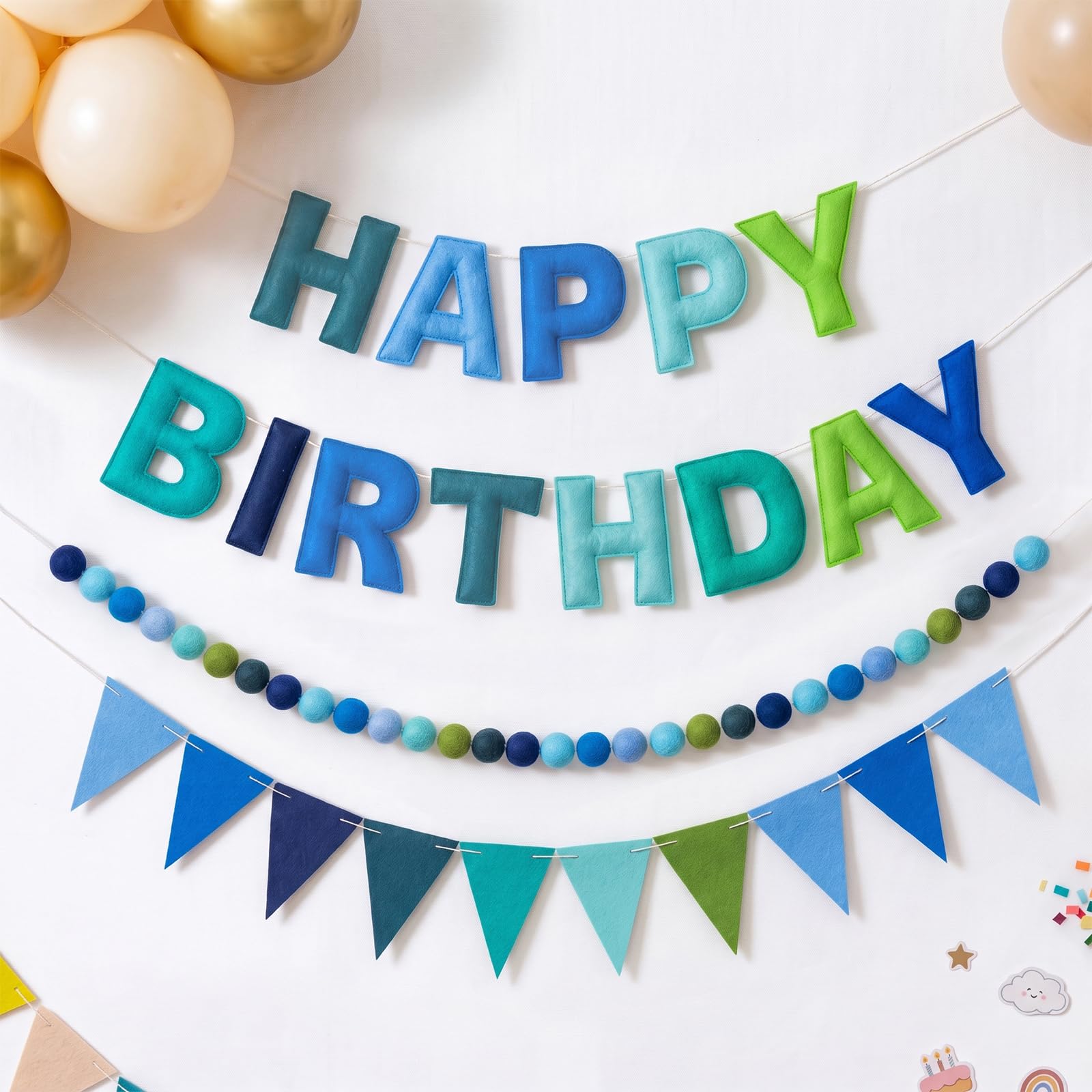 OLANRUN Pre-Strung Happy Birthday Decorations with Happy Birthday Felt Banner Sign, Felt Ball Garland & Triangle Bunting, Reusable Rainbow Party Decorations