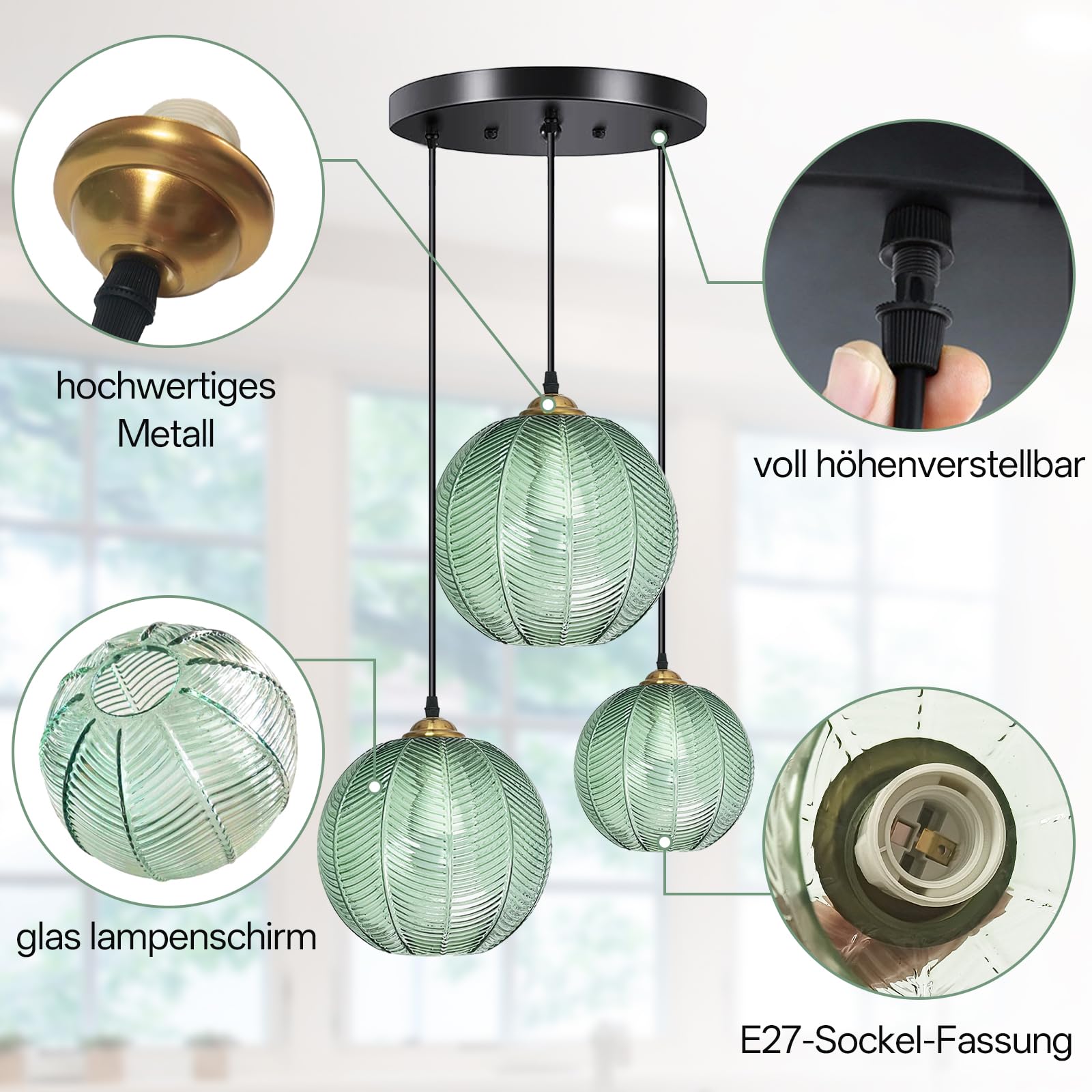 Pendelleuchte Esstisch 3-Flammig, Modern Hängeleuchte Höhenverstellbar Hängelampe Glas Grün, E27 Esstischlampe Hängend für Wohnzimmer Küche Schlafzimmer Flur
