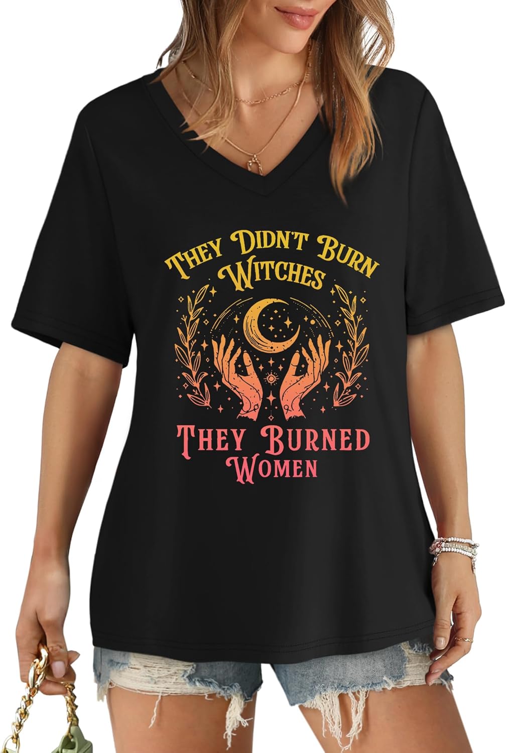 Halloween Shirts for Women They Didn't Burn Witches They Burned Women Shirt V Neck Womens Feminist Witches Tees - Image 2